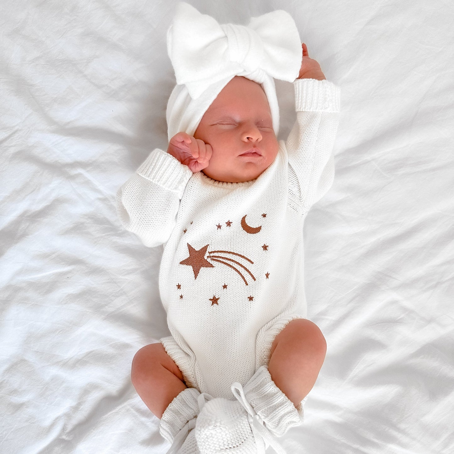 Shooting Star Knit Romper - Cocoa Embriodery