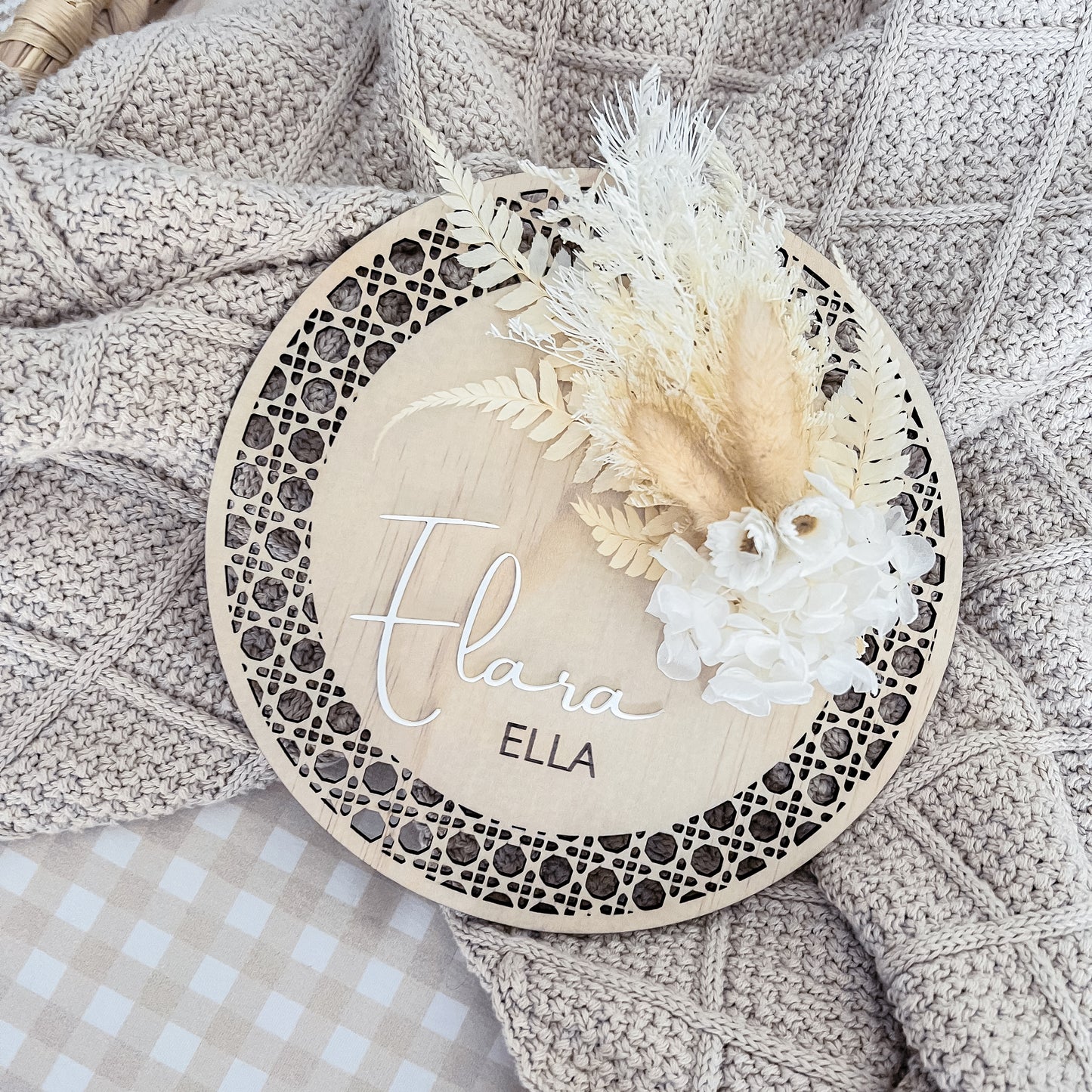 Wooden Rattan Look Name/Announcement Plaque w/ mini Posy