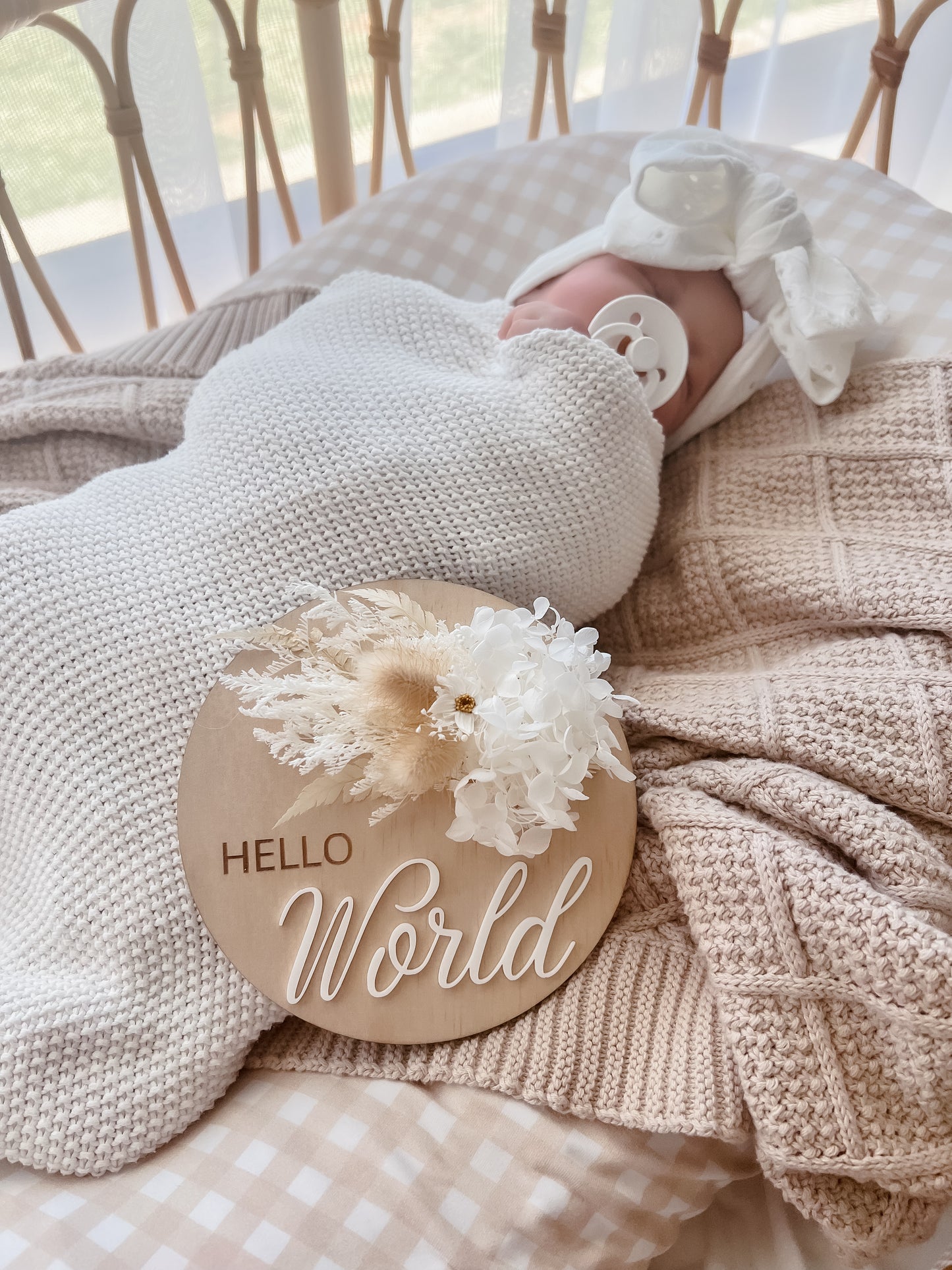 Hello World Announcement Plaque w/ dried flowers