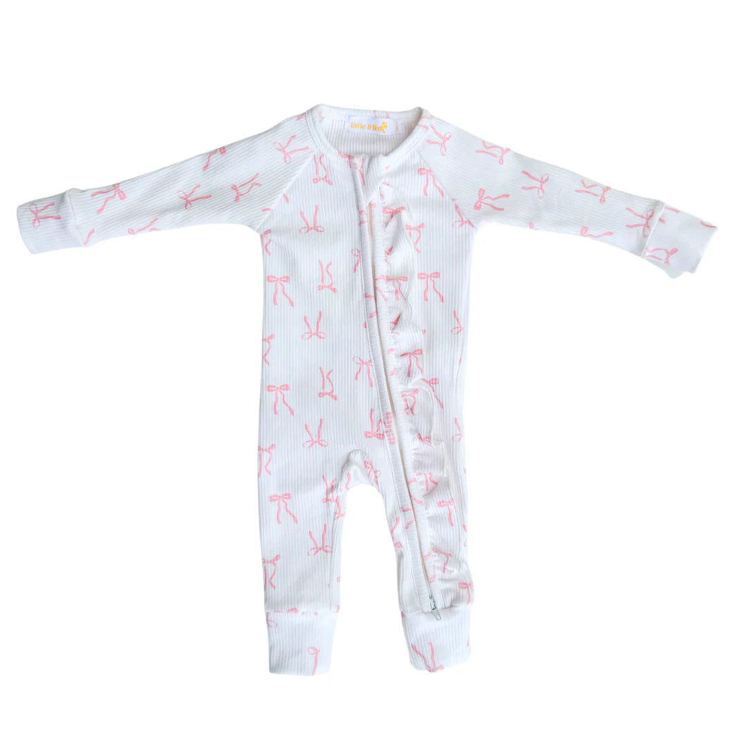 Frill Zip Romper - Pink Bows Rib