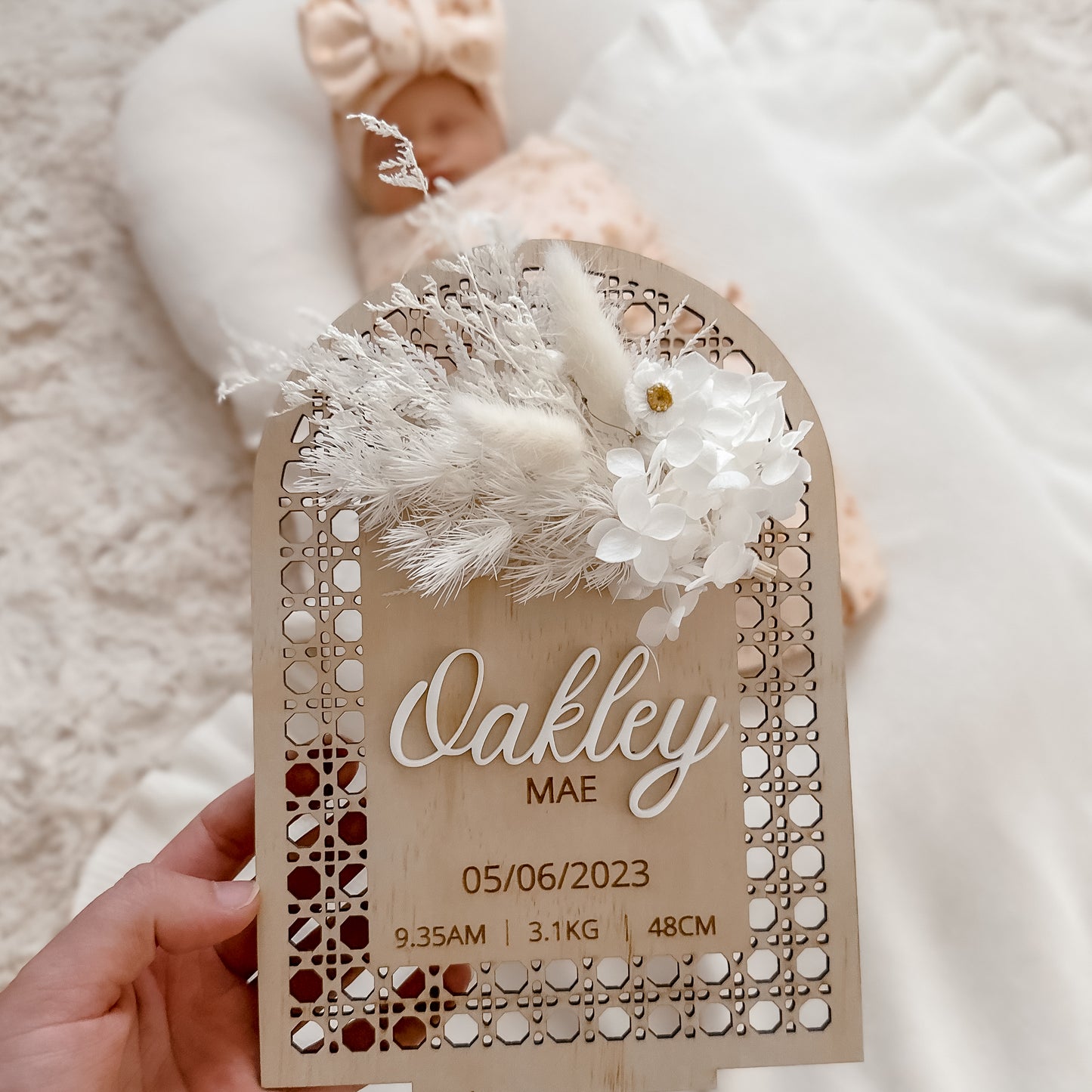Wooden Rattan Look Birth Details w/ dried flowers (Stand Included)