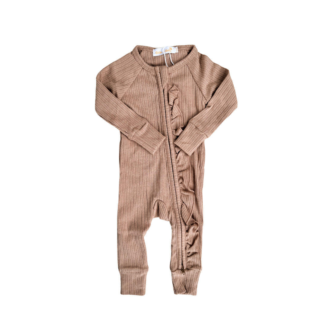 Frill Zip Romper - Teddy Colour Rib Pointelle