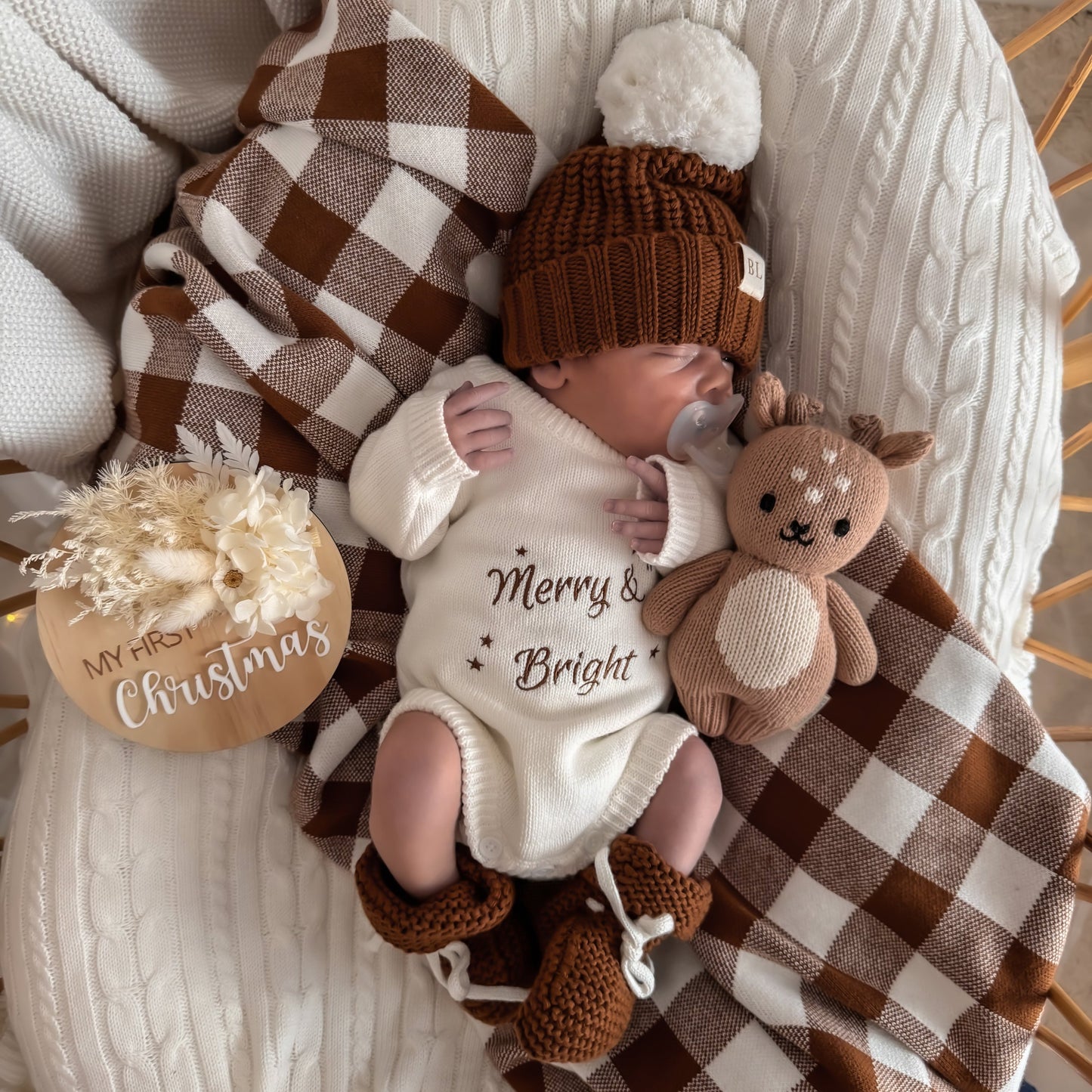 Knit Christmas baby romper, merry & bright embroidery with stars, chocolate