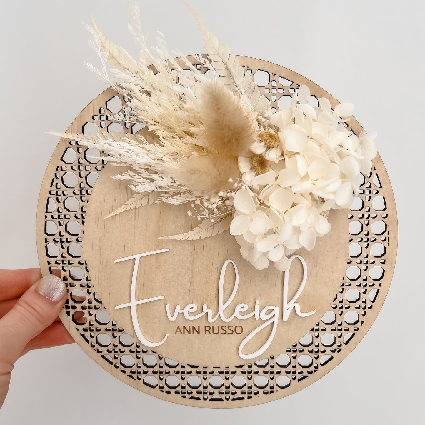 Wooden Rattan Look Name/Announcement Plaque w/ mini Posy