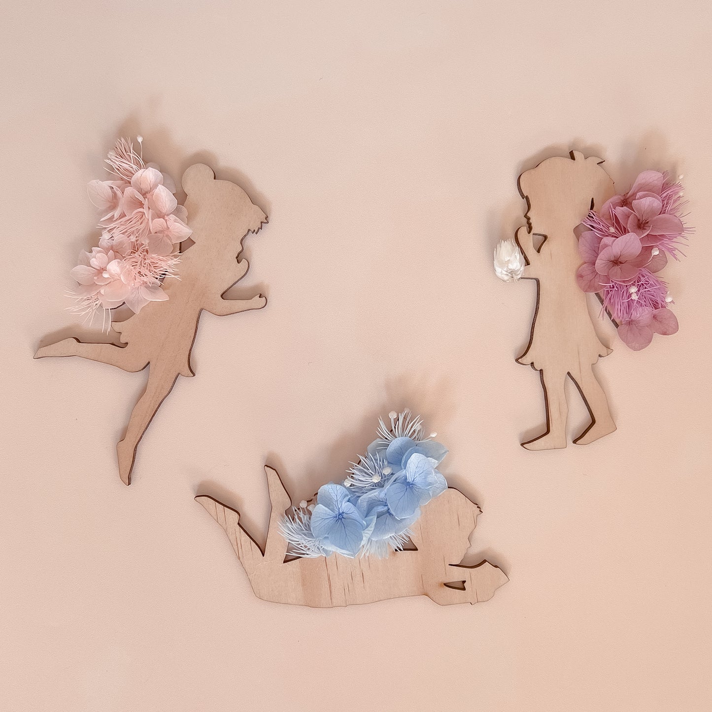 Wooden Fairy Children w/ dried flowers - Trio