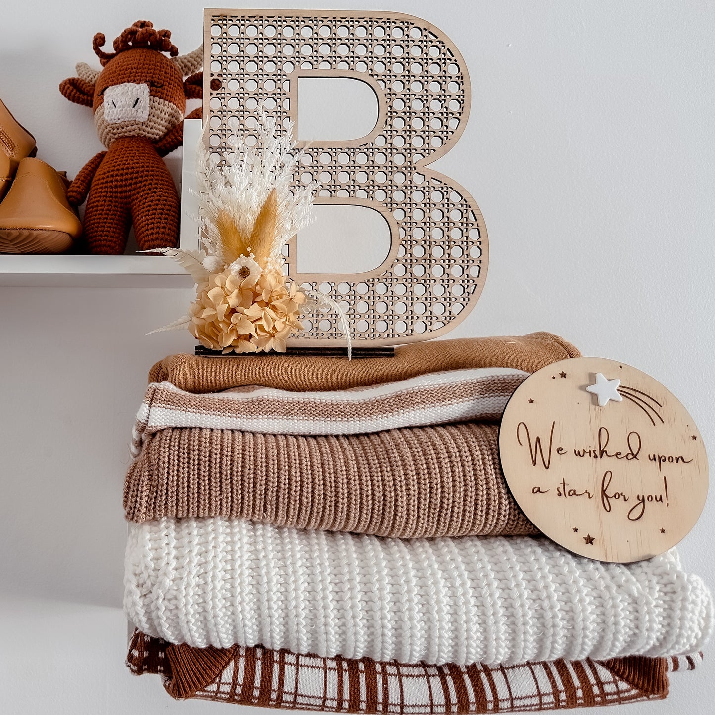 Wooden Rattan Look Letter with dried floral arrangement