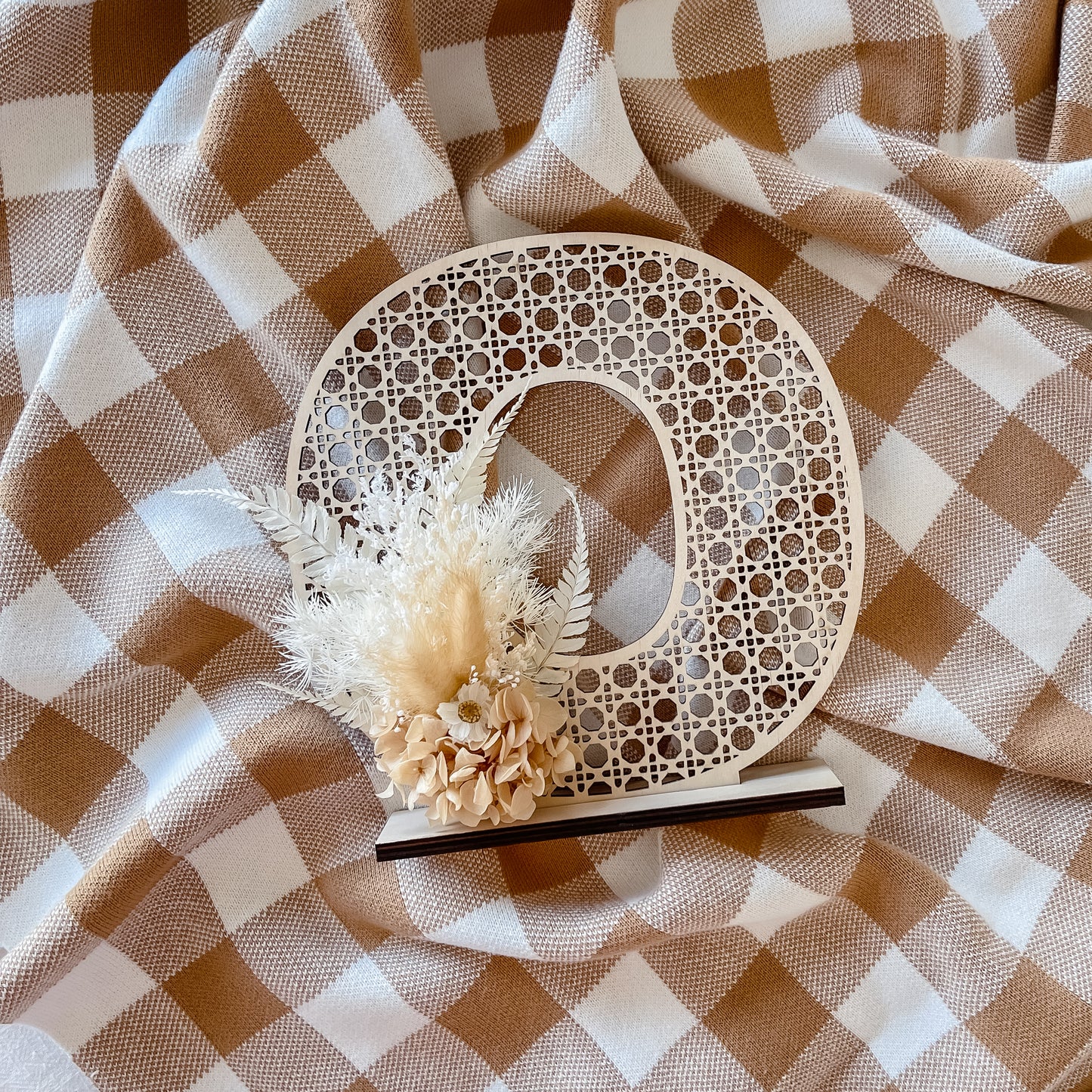 Wooden Rattan Look Letter with dried floral arrangement