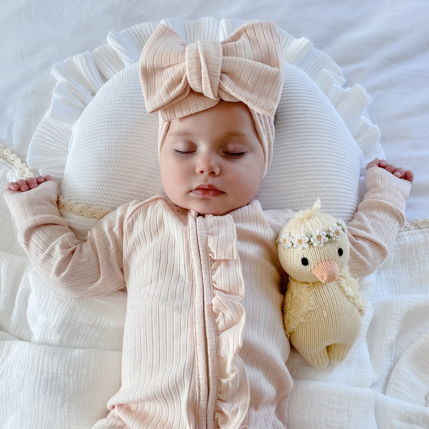 Frill Zip Romper - Cream Ribbed Pointelle