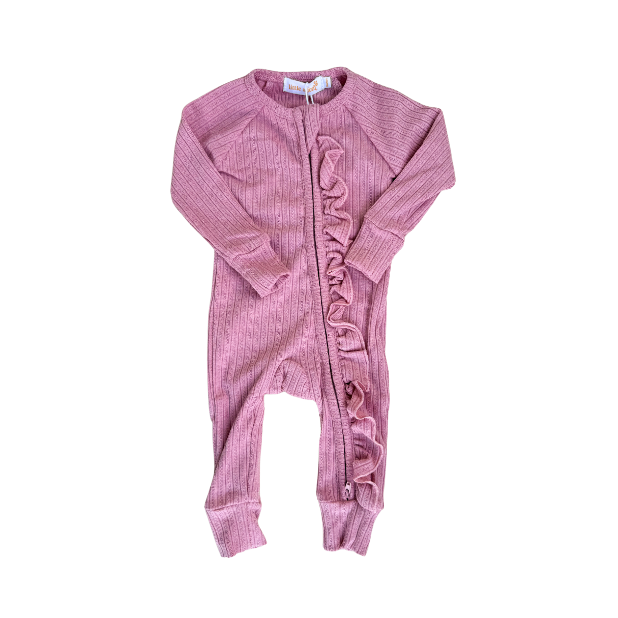 Frill Zip Romper - Dusty Pink Ribbed Pointelle