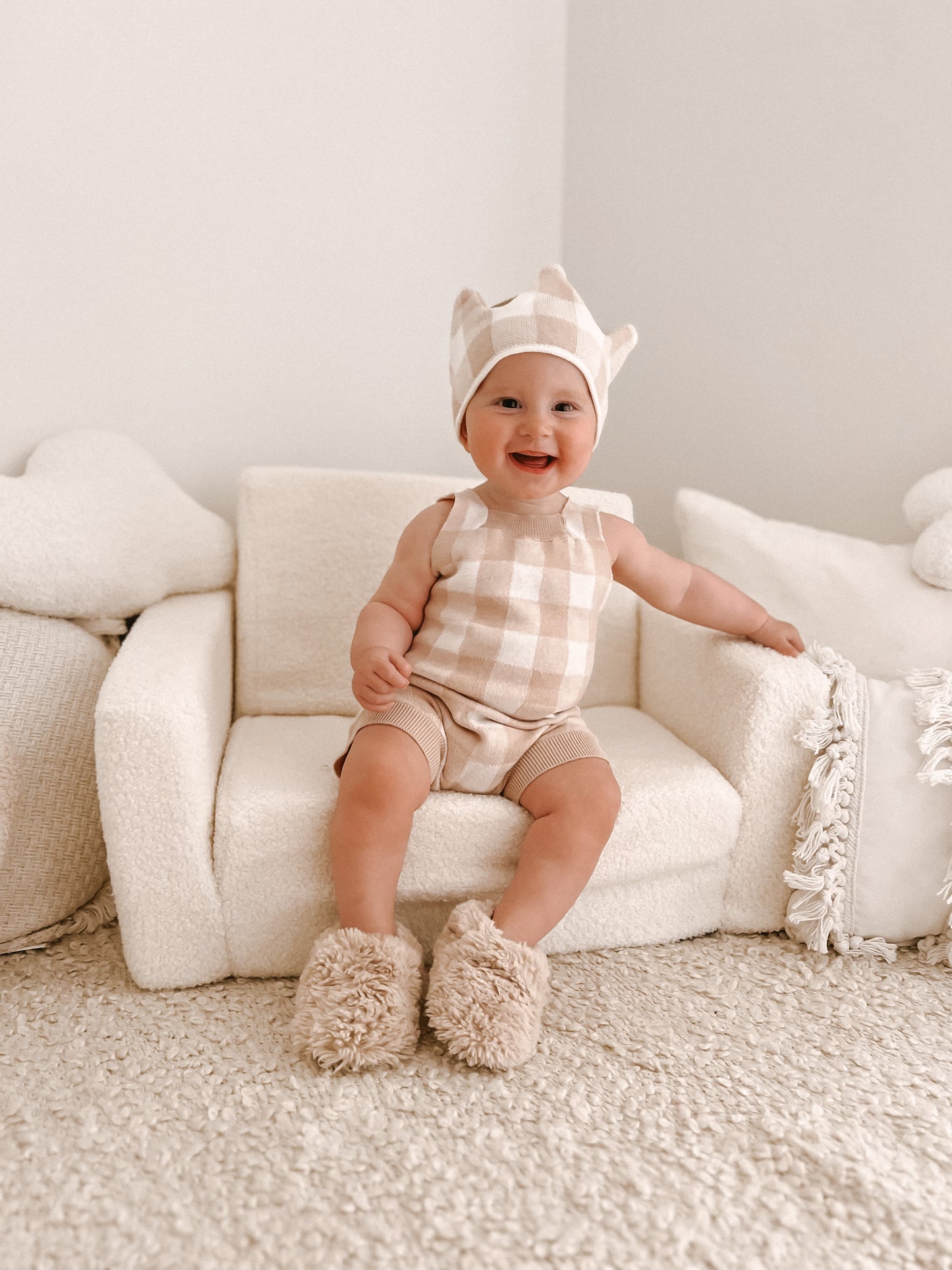 Knit Gingham Overalls - Oatmeal