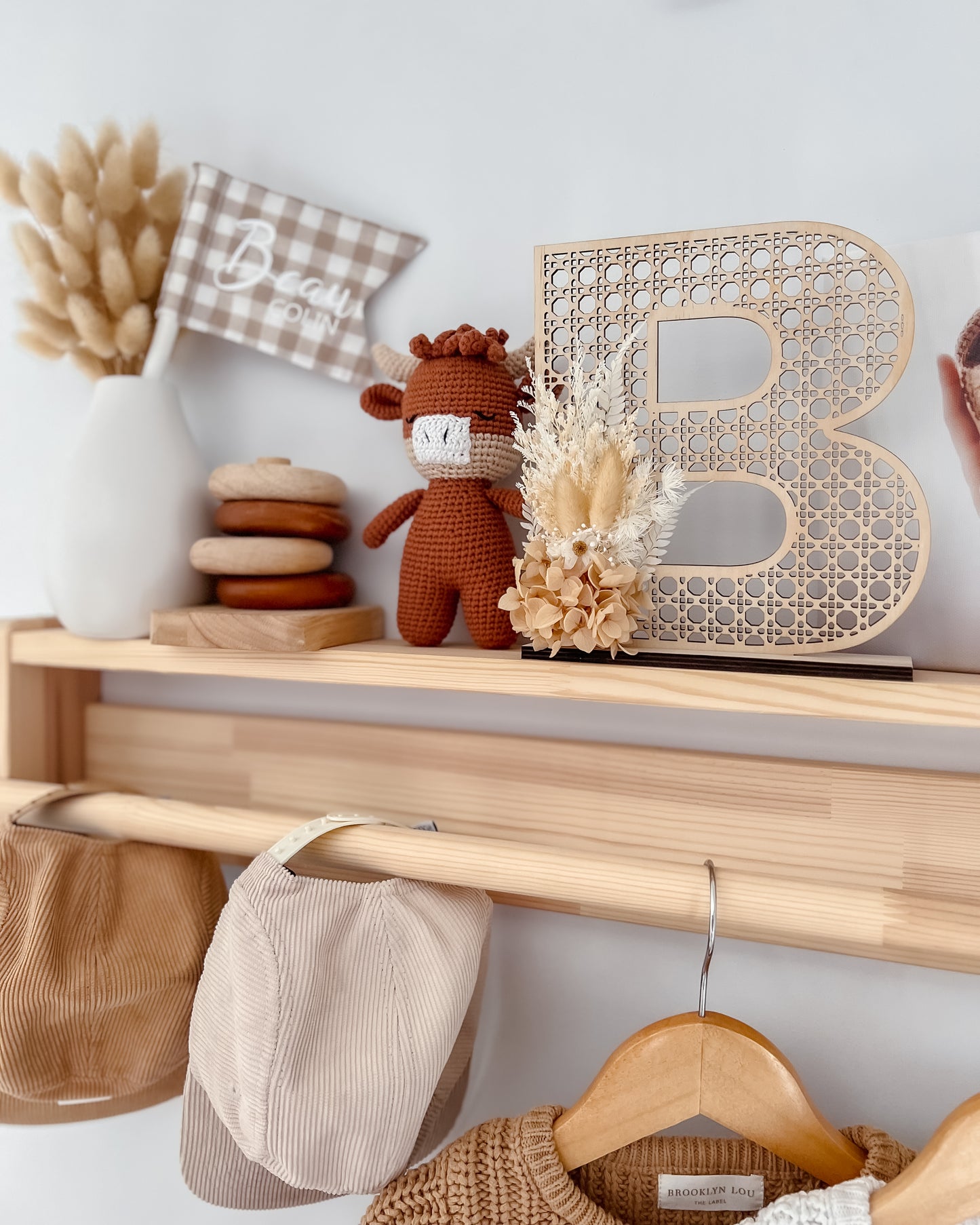 Wooden Rattan Look Letter with dried floral arrangement