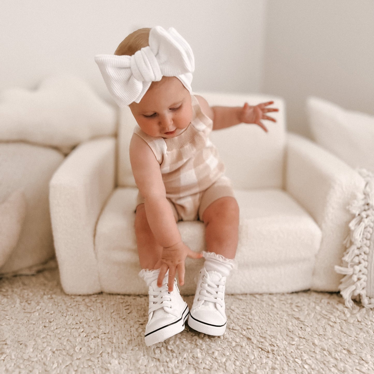 Knit Gingham Overalls - Oatmeal
