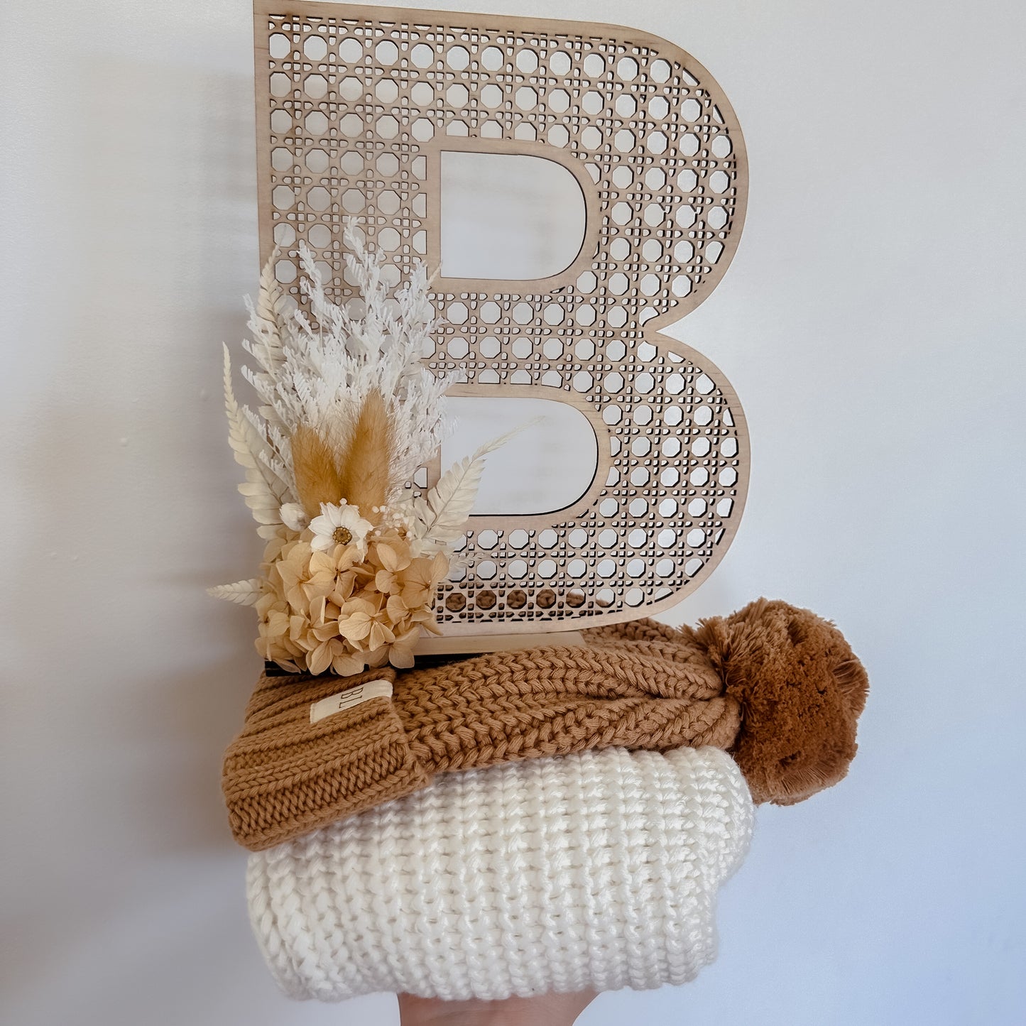 Wooden Rattan Look Letter with dried floral arrangement