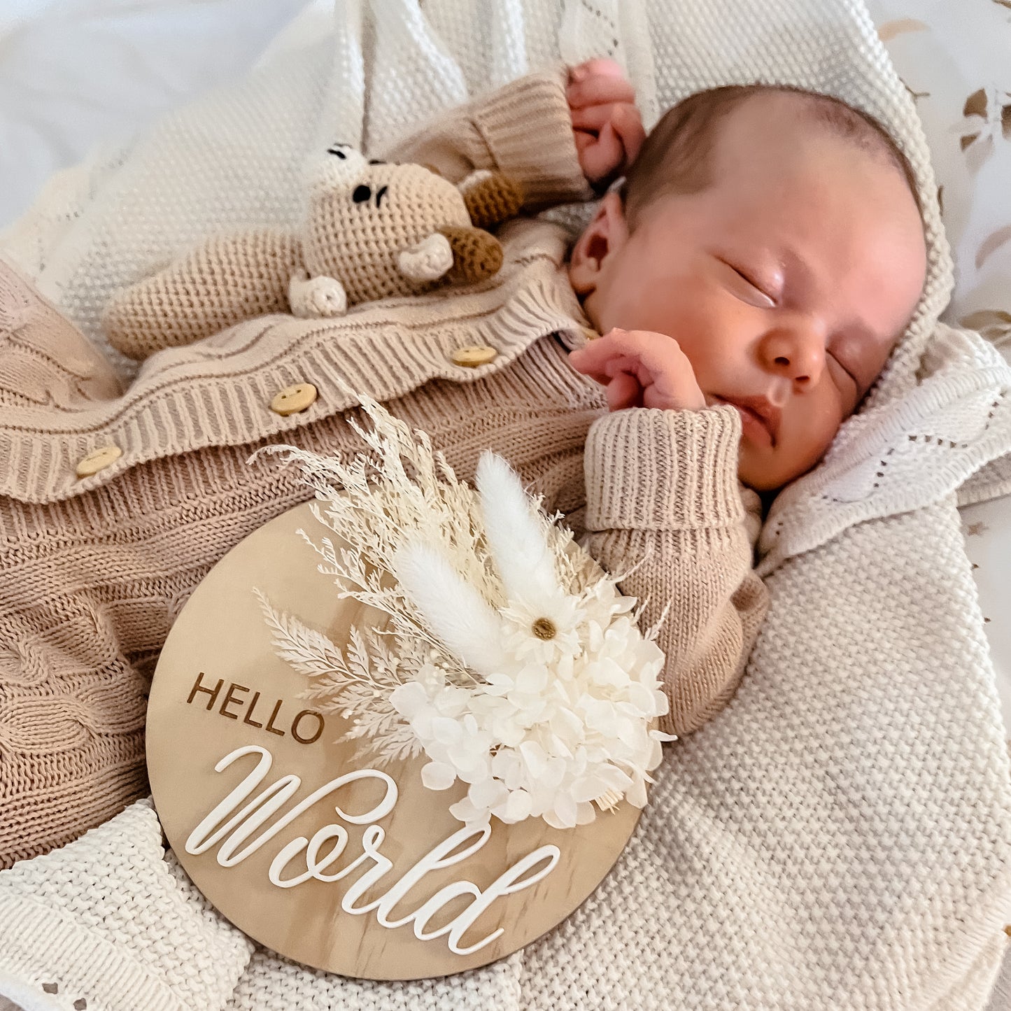 Hello World Announcement Plaque w/ dried flowers