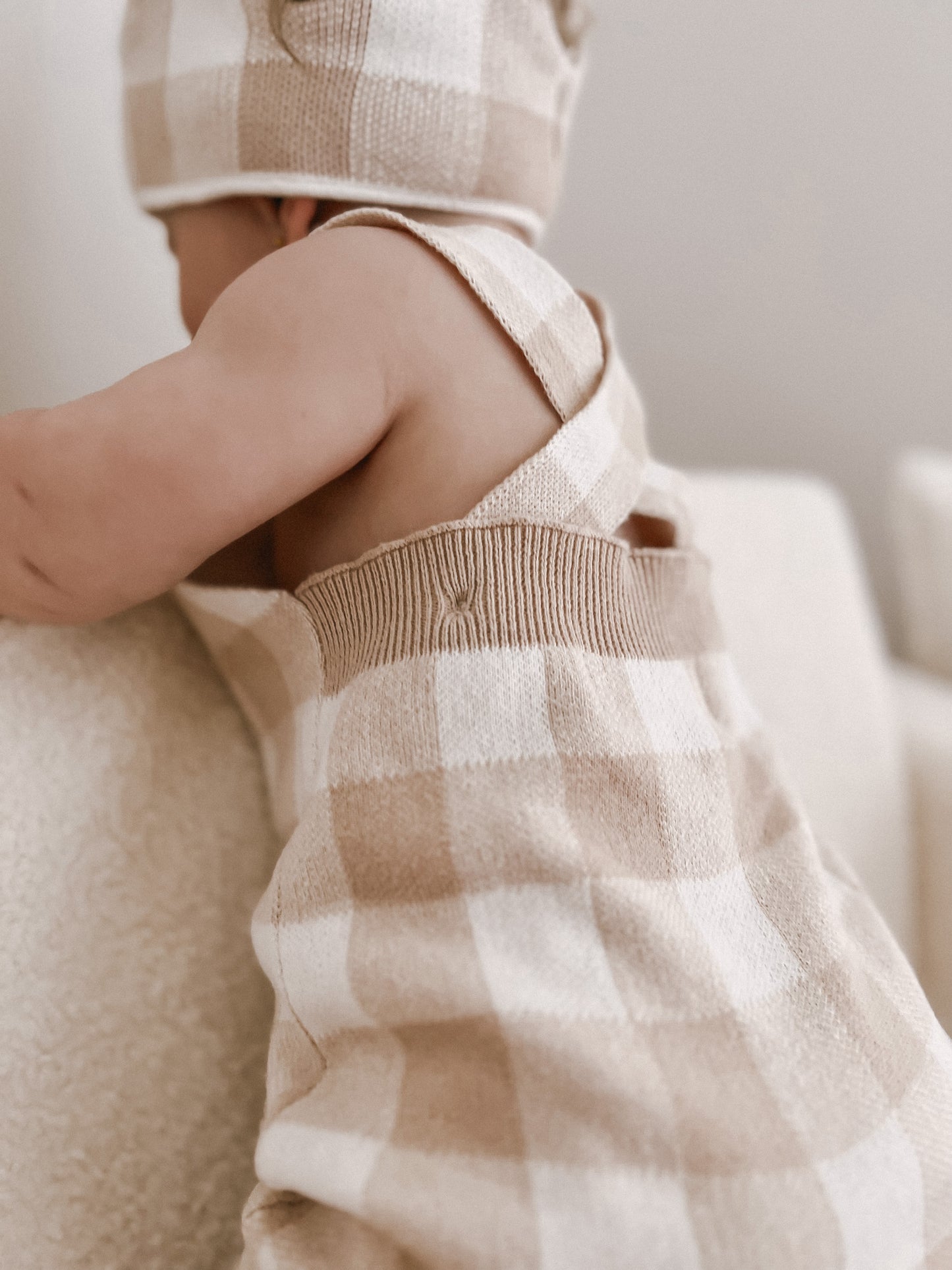 Knit Gingham Overalls - Oatmeal