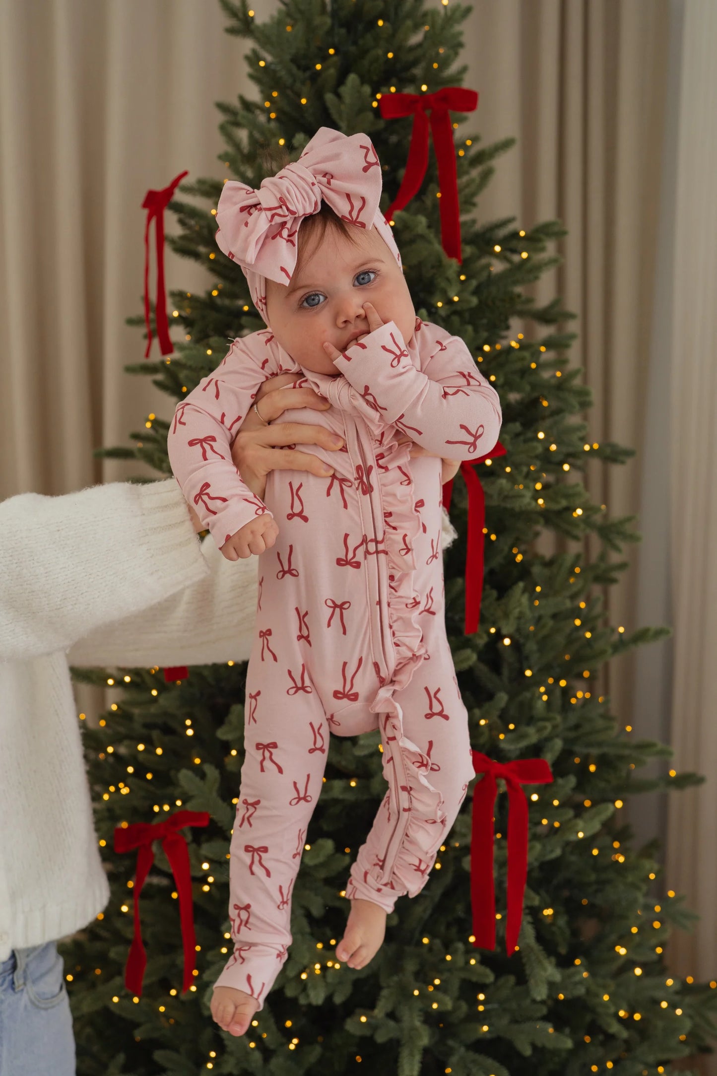 Frill Zip Romper - Red Bows