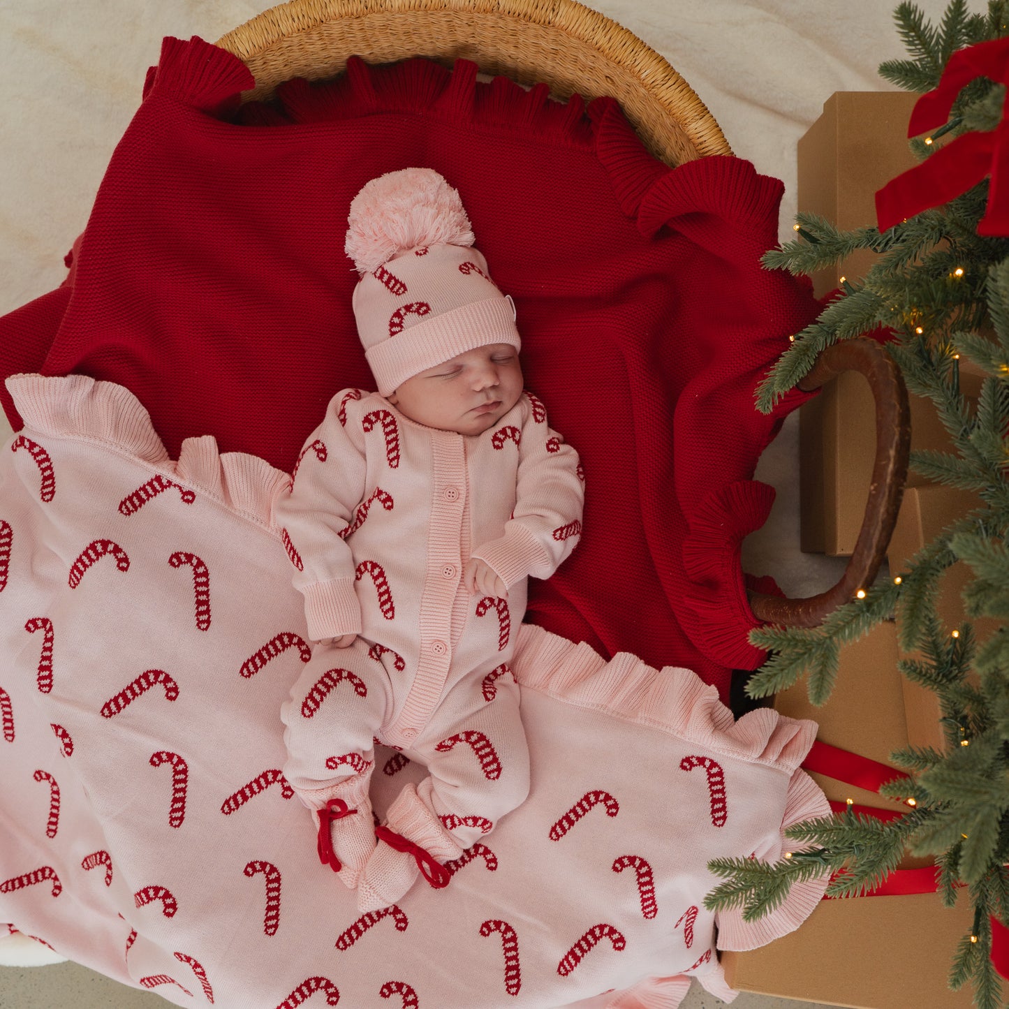 Frill Knit Blanket | Pink Candy Cane