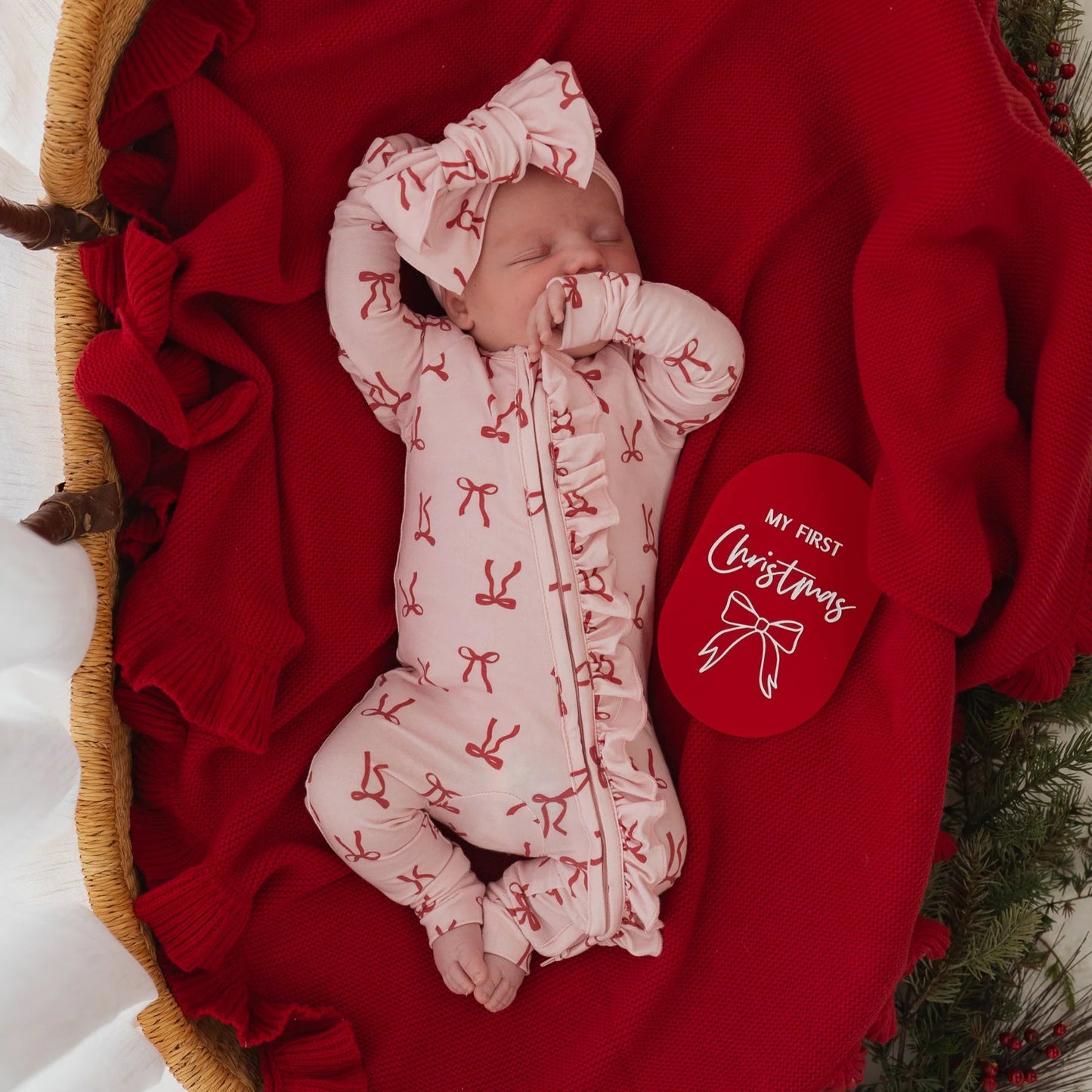 Frill Zip Romper - Red Bows