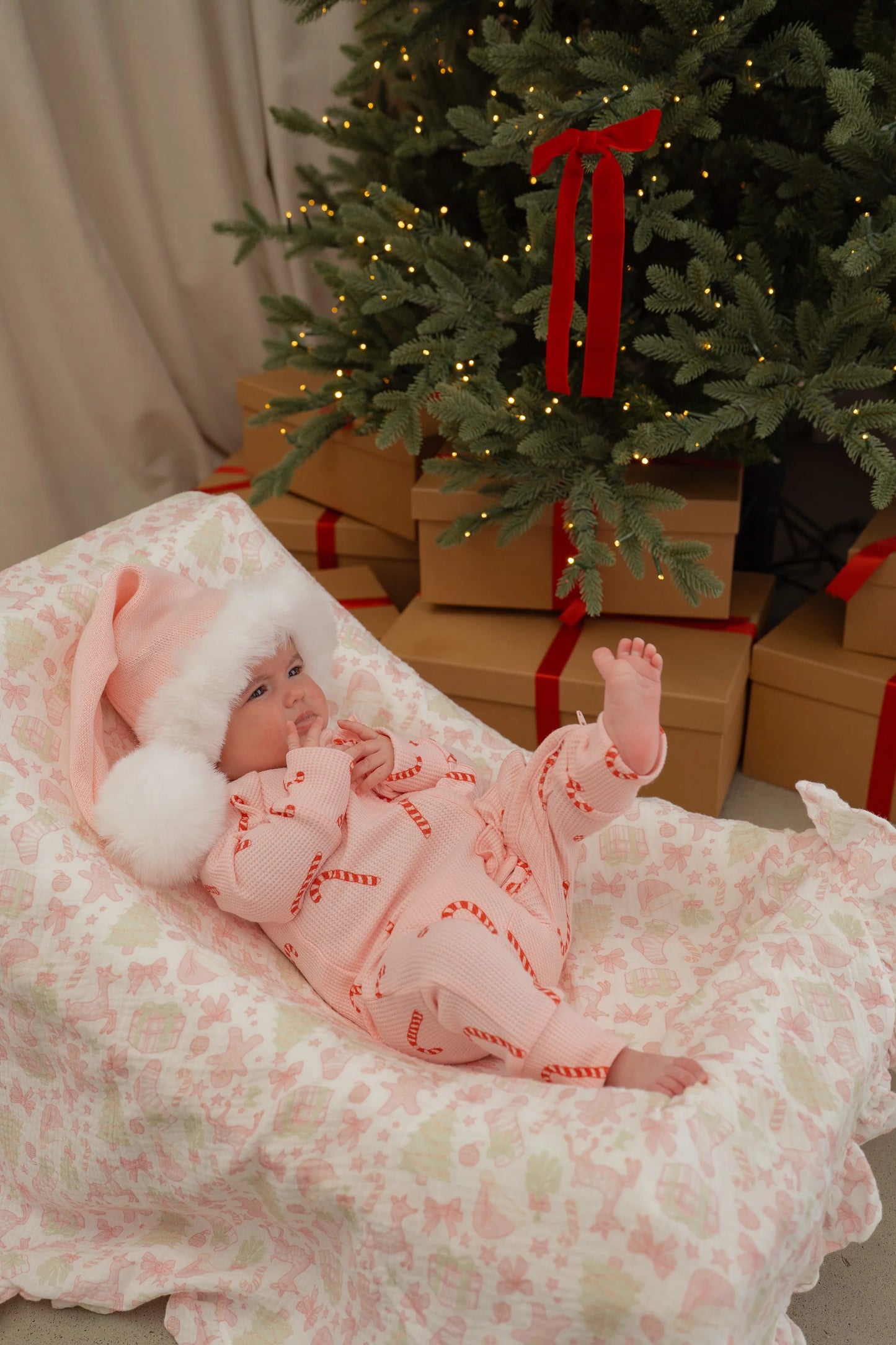 Frill Zip Romper - Pink Candy Cane Waffle