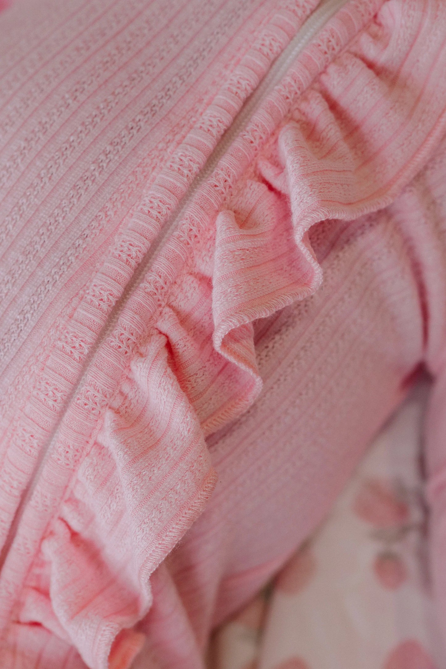 Frill Zip Romper - Peony Ribbed Pointelle