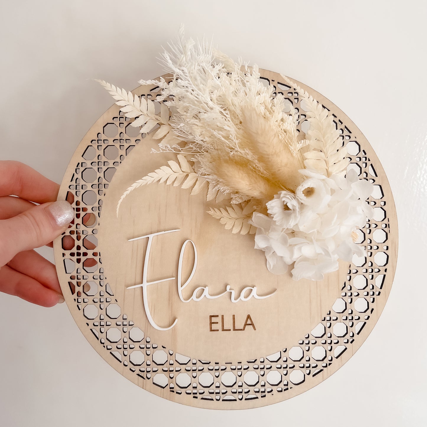 Wooden Rattan Look Name/Announcement Plaque w/ mini Posy