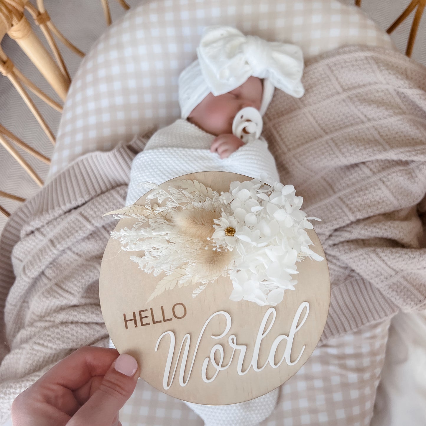 Hello World Announcement Plaque w/ dried flowers