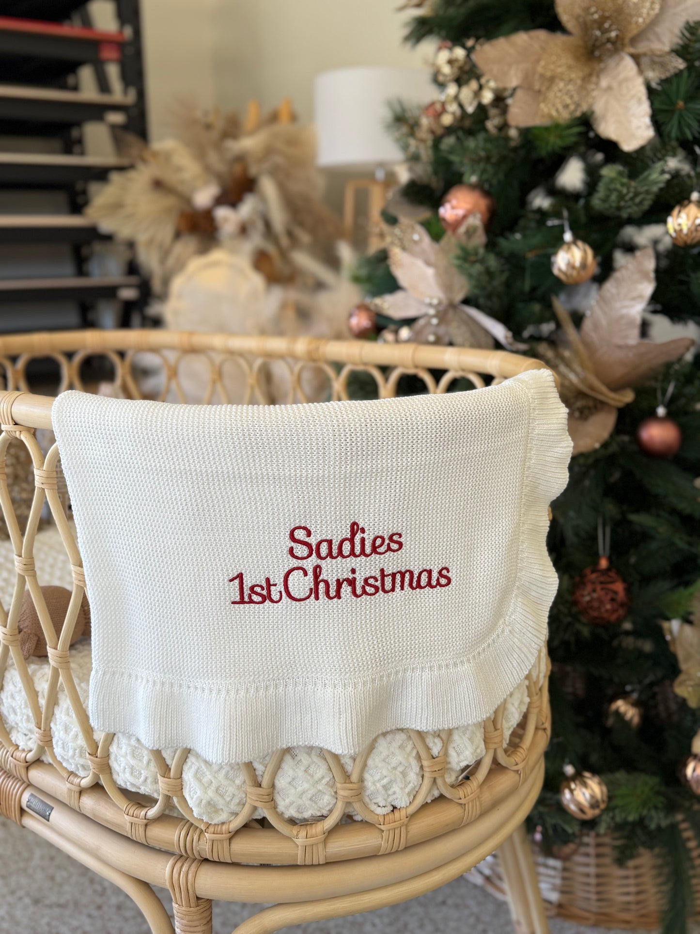 Frill Knit Blanket | Milk | First Christmas Embroidery