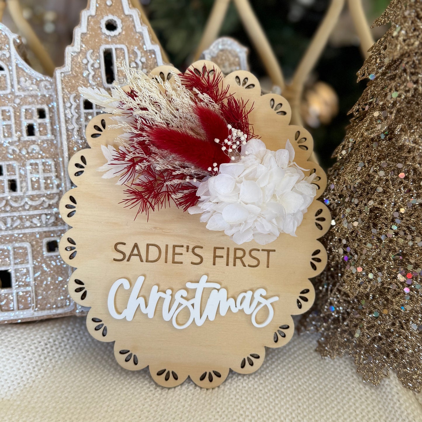 Scalloped First Christmas Plaque with Dried Flowers | Personalised
