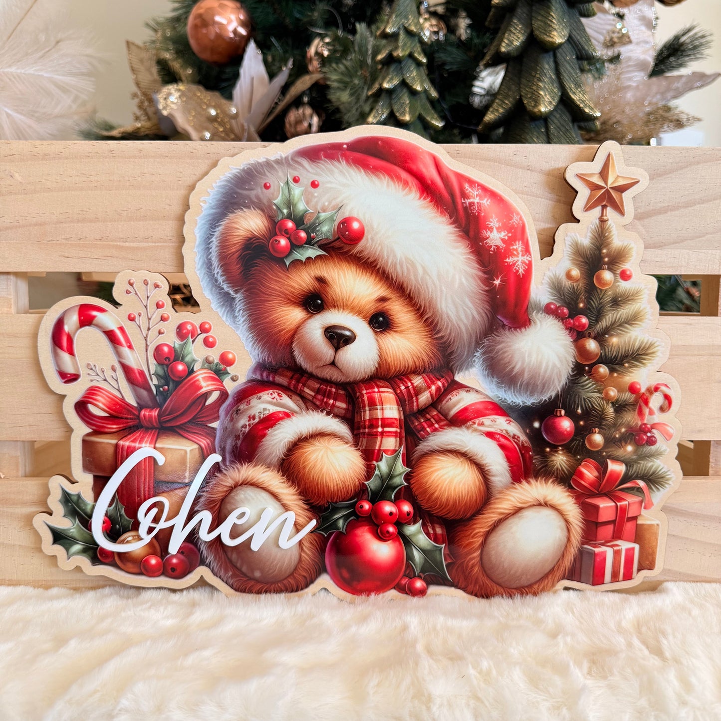 CHRISTMAS BEAR CRATE PLAQUE | Personalised