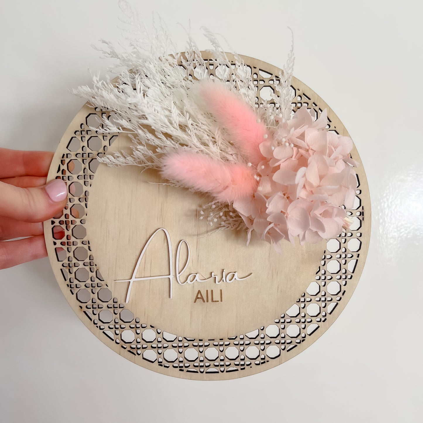 Wooden Rattan Look Name/Announcement Plaque w/ mini Posy