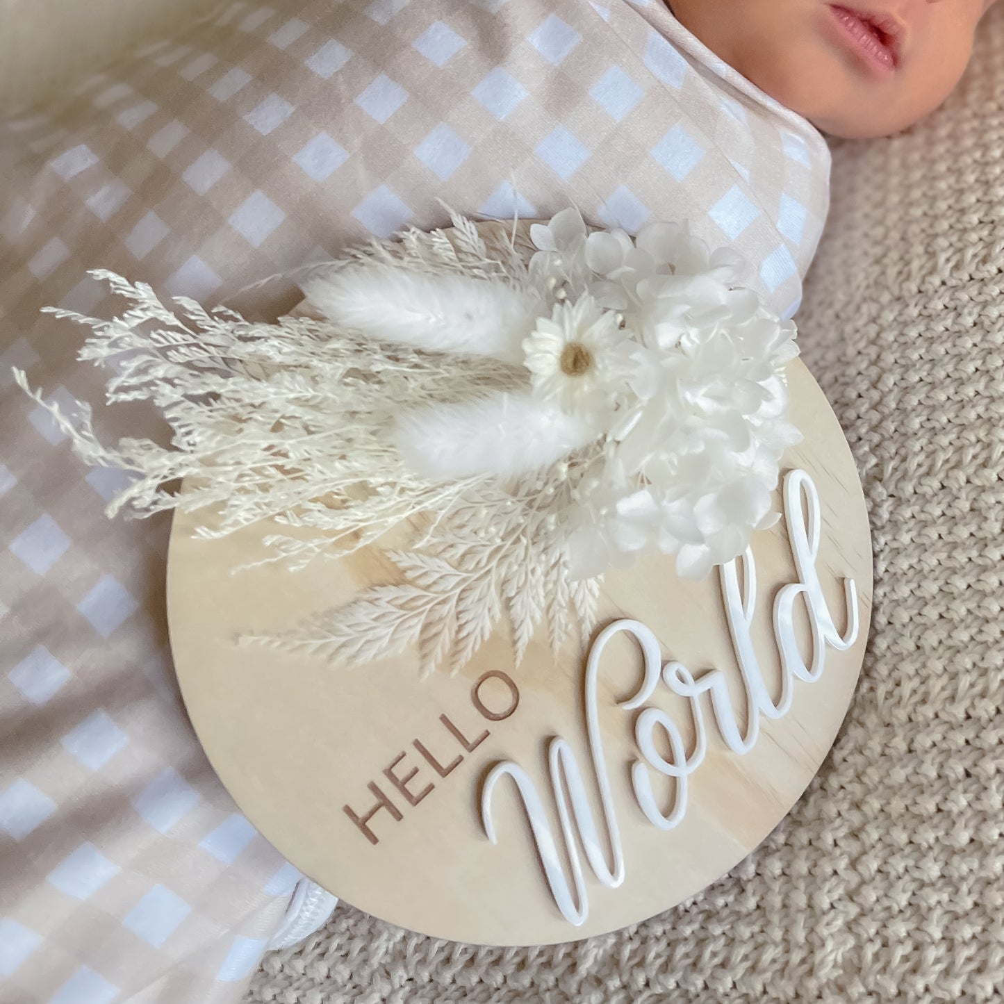 Hello World Announcement Plaque w/ dried flowers