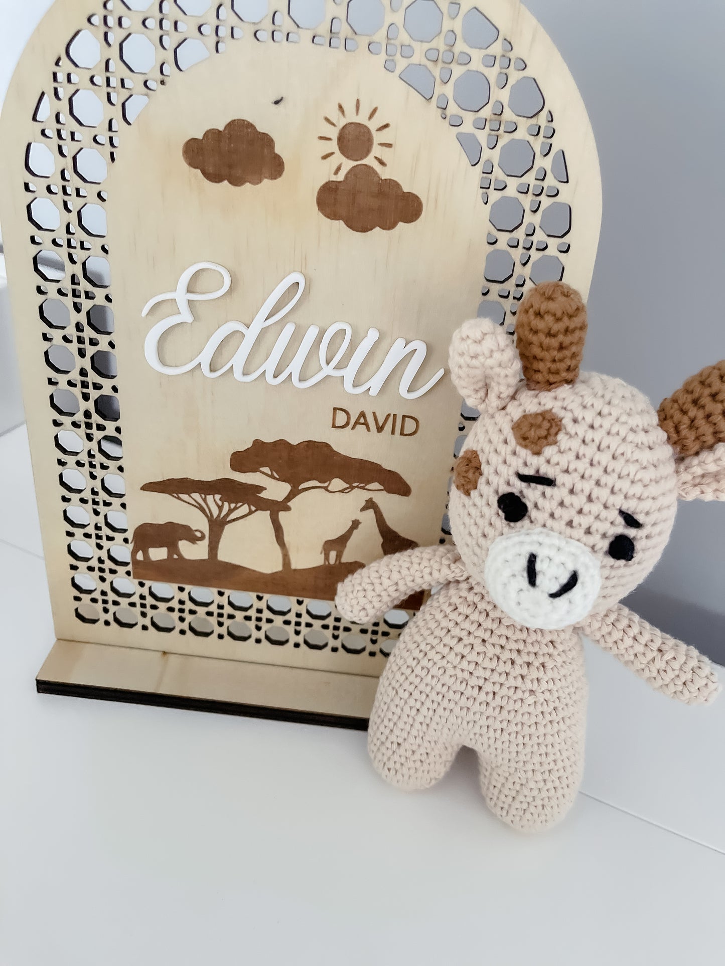 Wooden Rattan Look Name Sign w/ stand (SEVERAL DESIGNS)