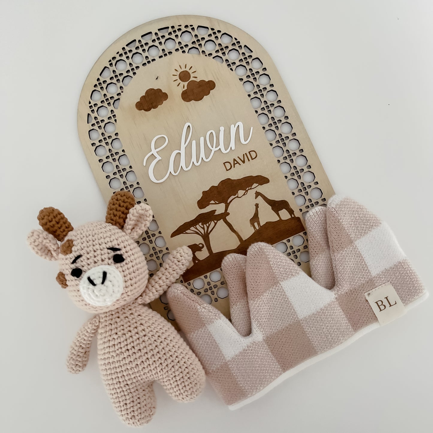 Wooden Rattan Look Name Sign w/ stand (SEVERAL DESIGNS)