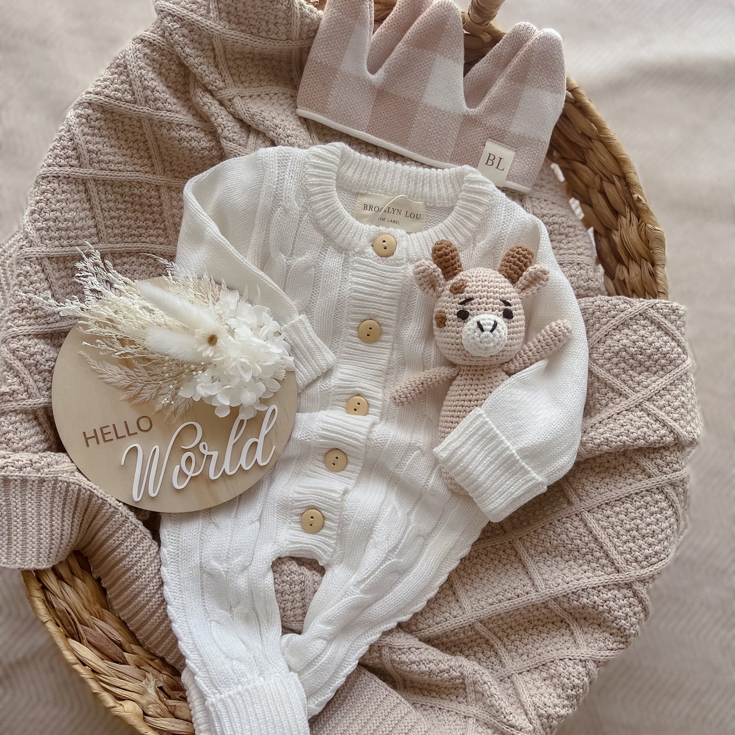 Hello World Announcement Plaque w/ dried flowers