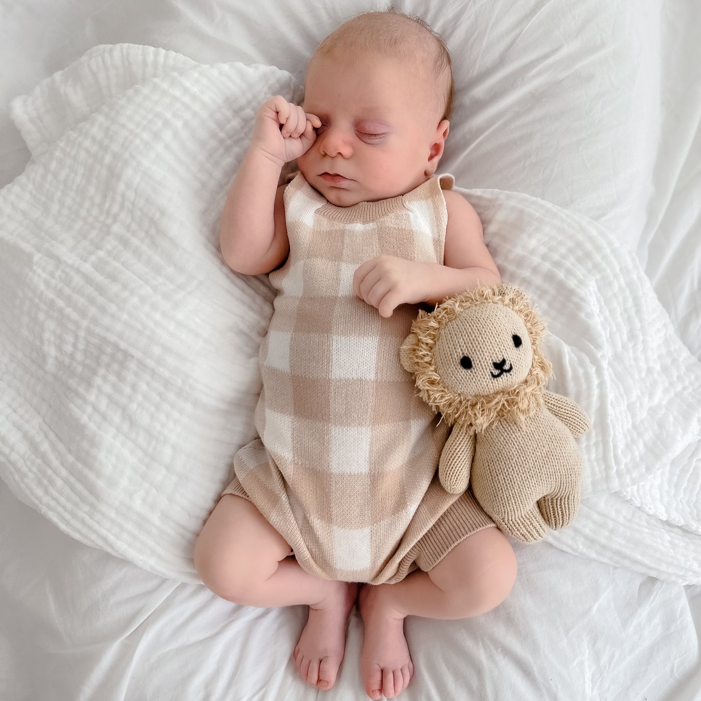 Knit Gingham Overalls - Oatmeal