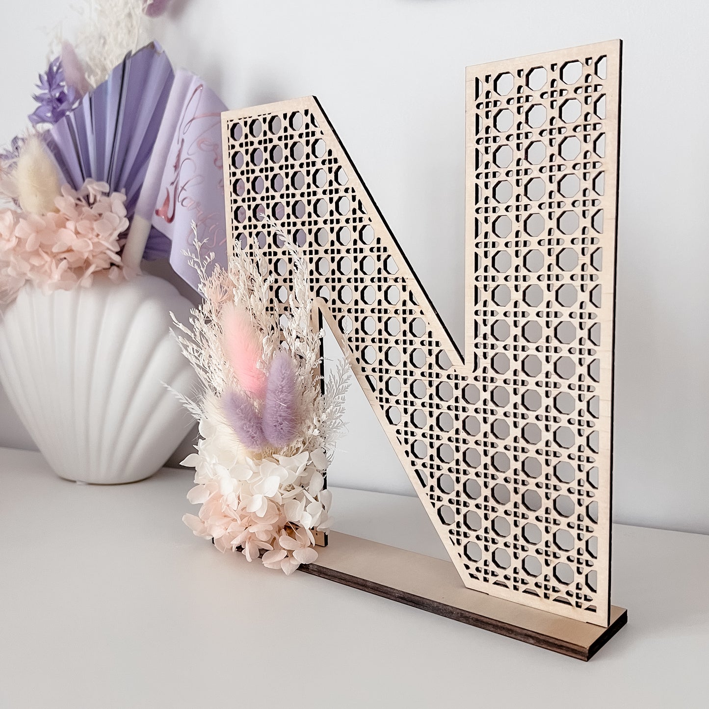 Wooden Rattan Look Letter with dried floral arrangement