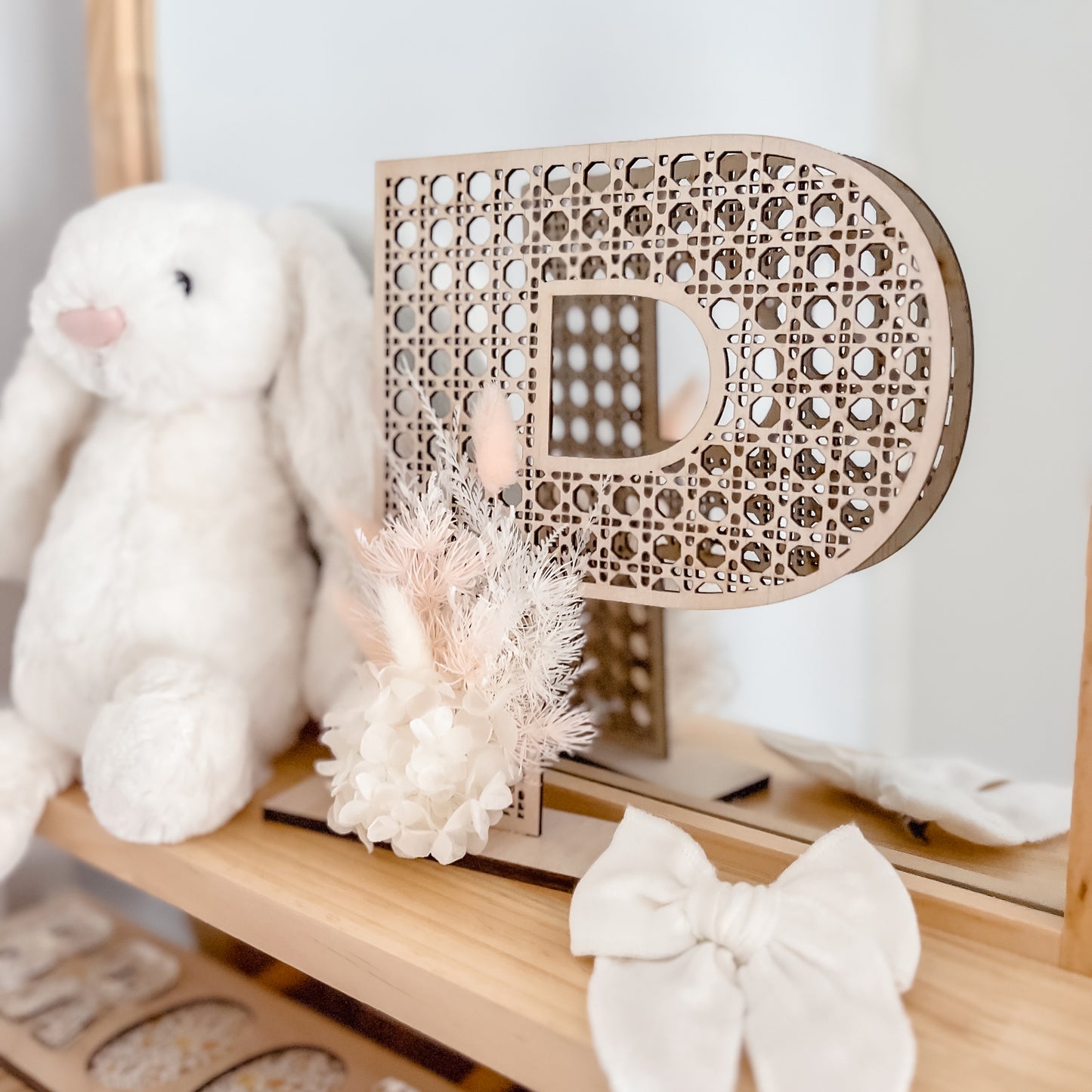 Wooden Rattan Look Letter with dried floral arrangement