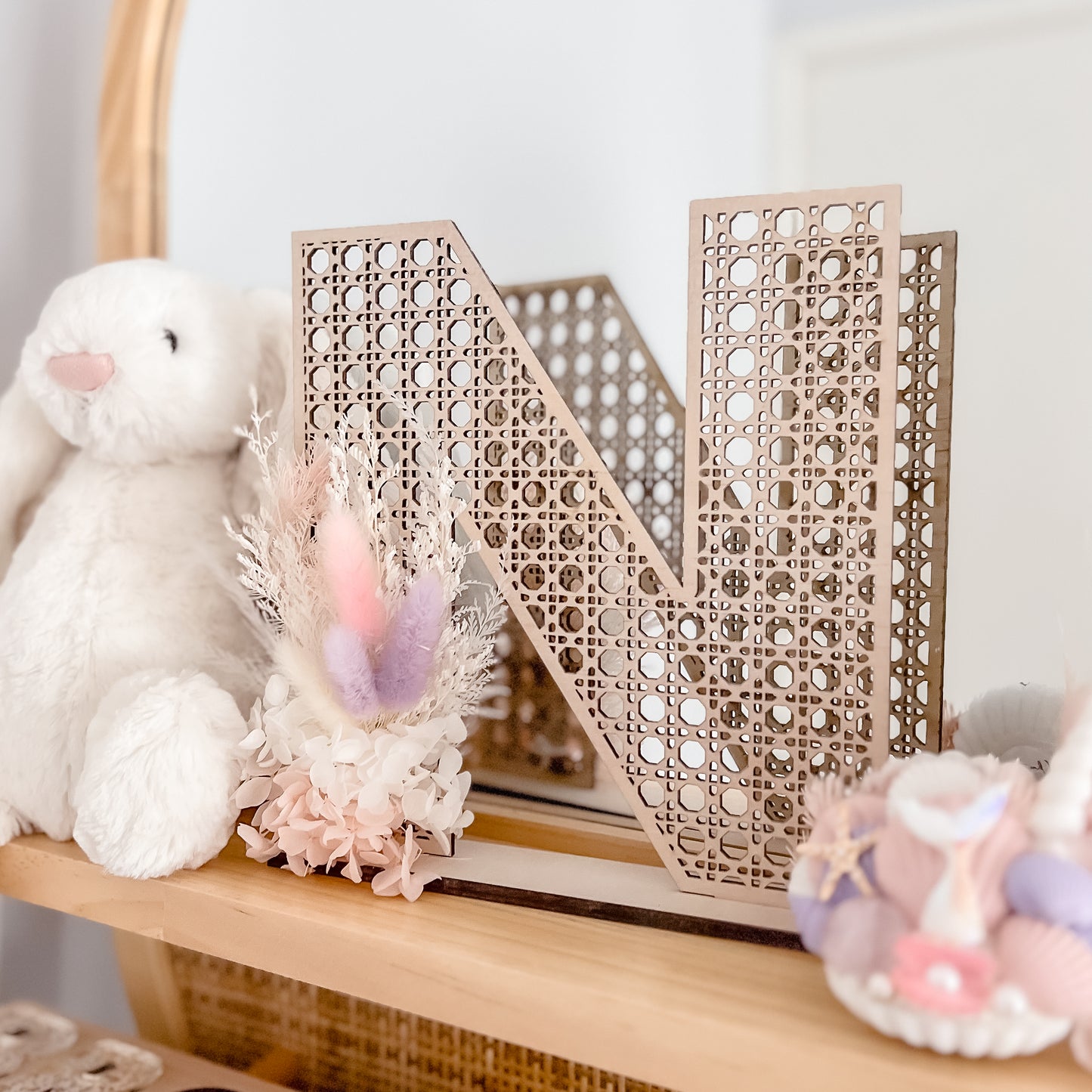 Wooden Rattan Look Letter with dried floral arrangement