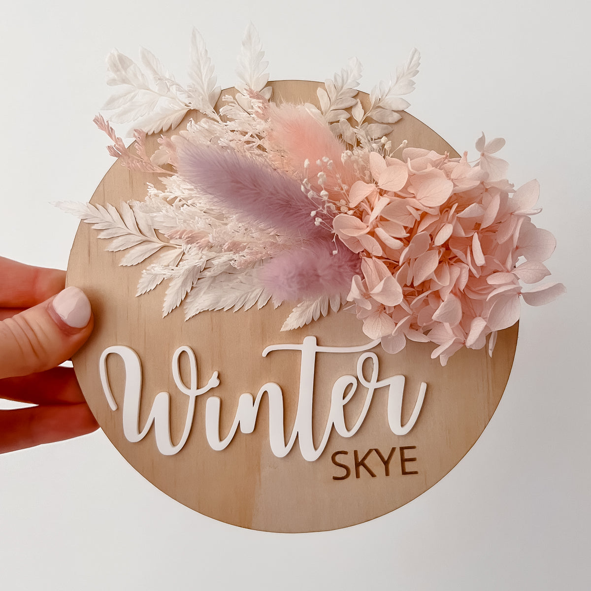 Wooden Name Plaque w/ dried flowers (Round)