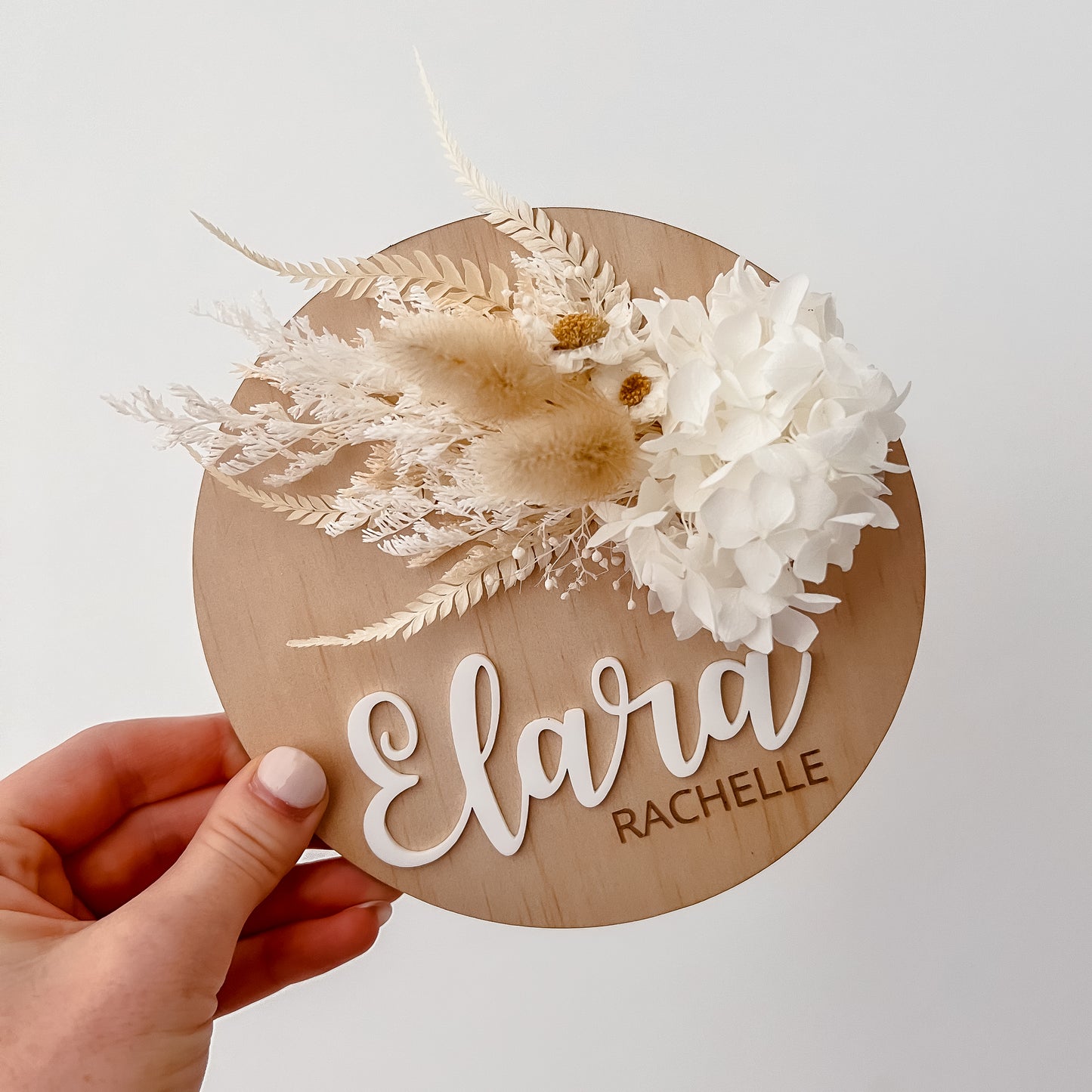 Wooden Name Plaque w/ dried flowers (Round)