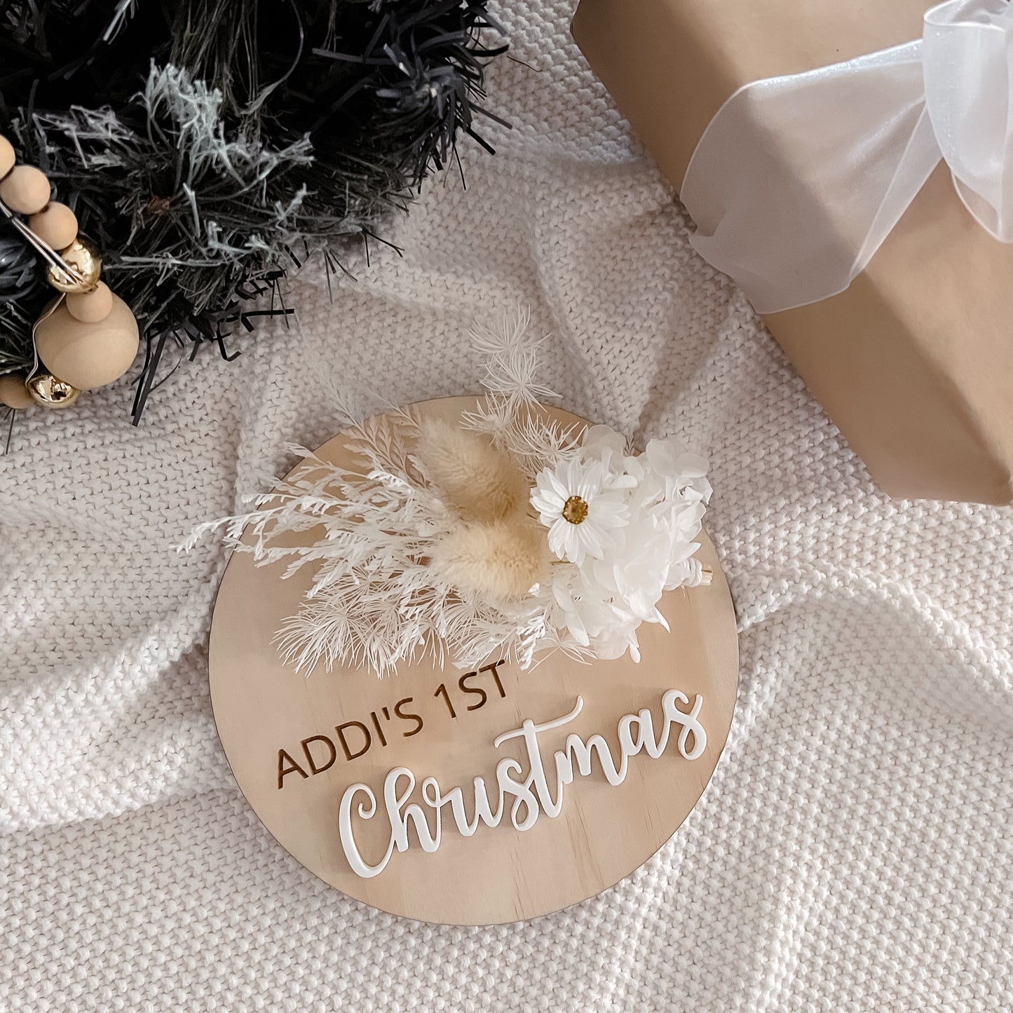 Wooden Christmas Plaque w/ dried florals