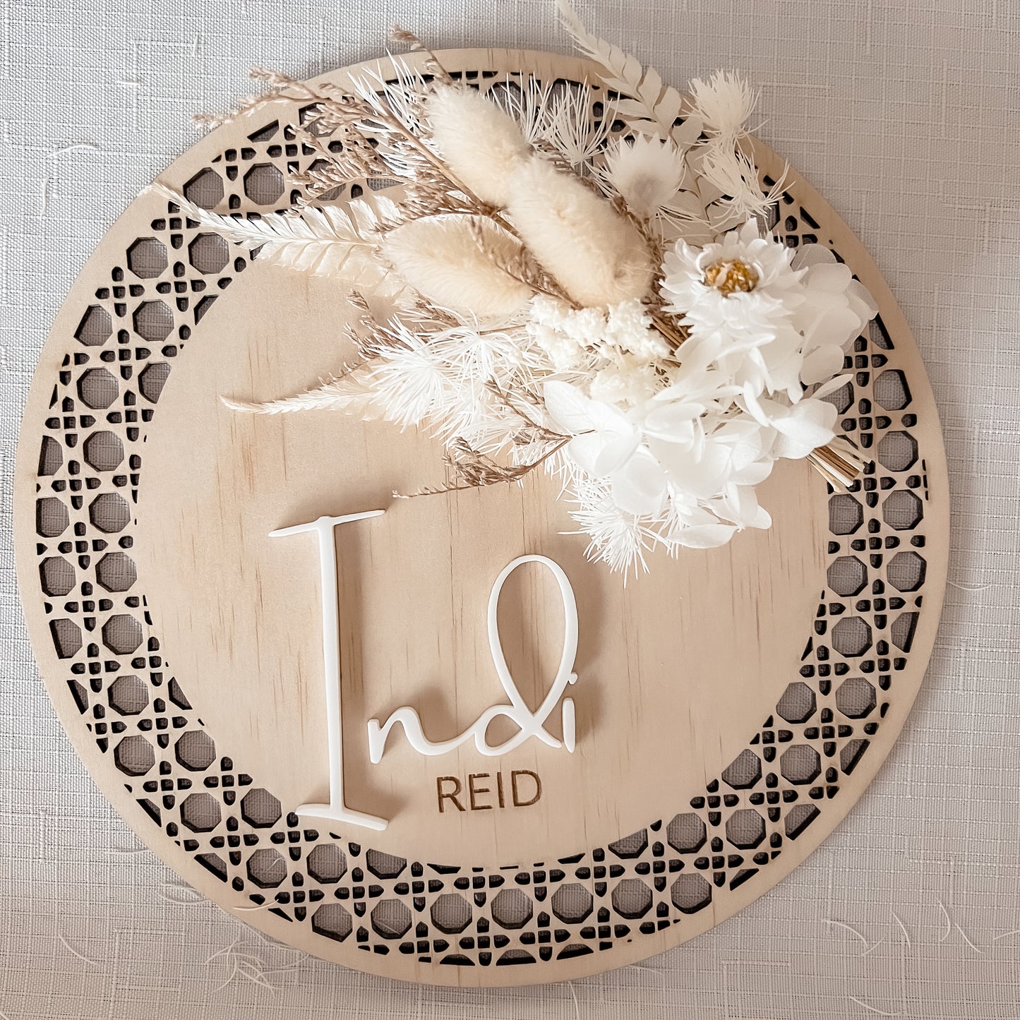 Wooden Rattan Look Name/Announcement Plaque w/ mini Posy