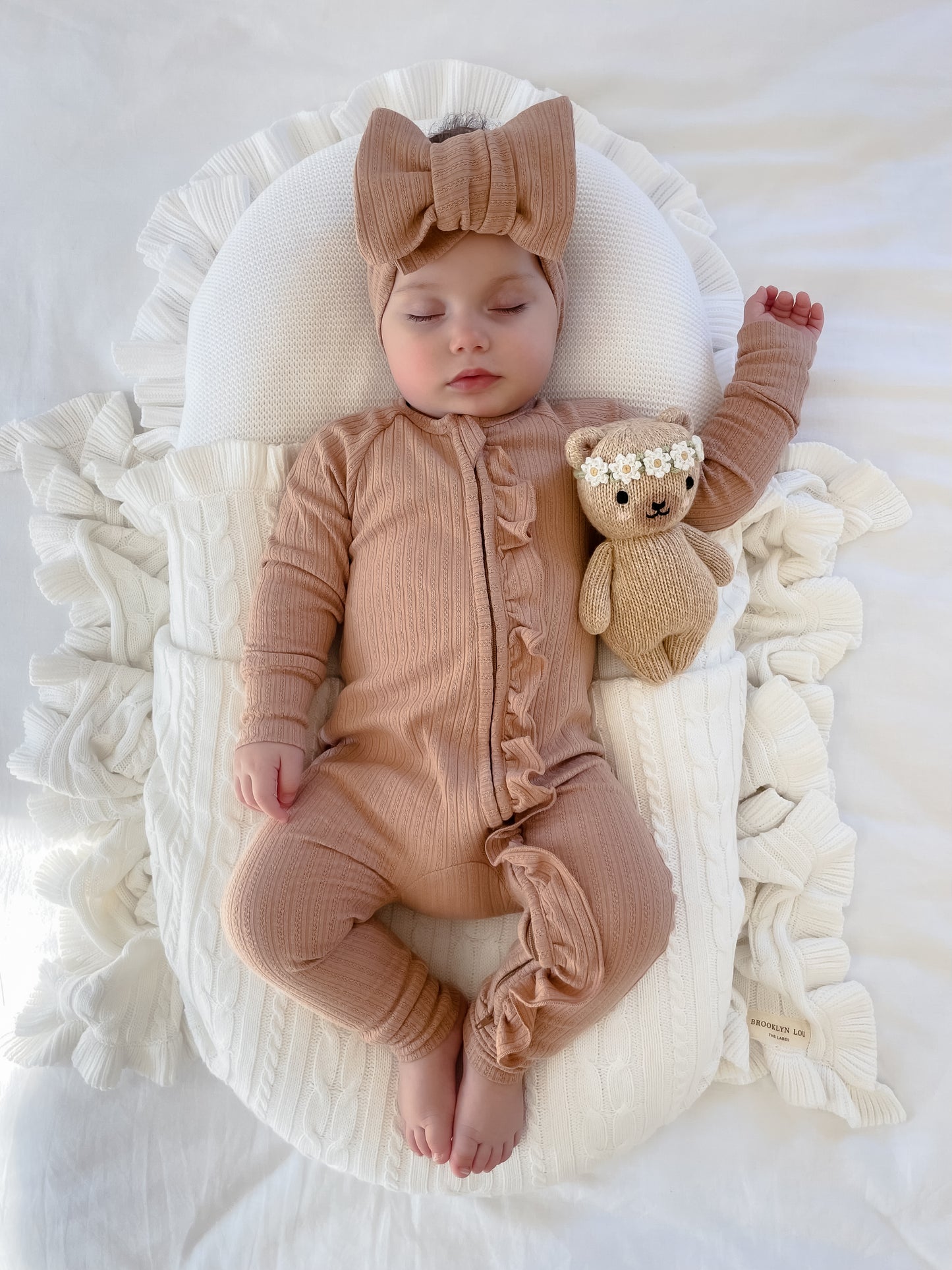 Frill Zip Romper - Teddy Colour Rib Pointelle