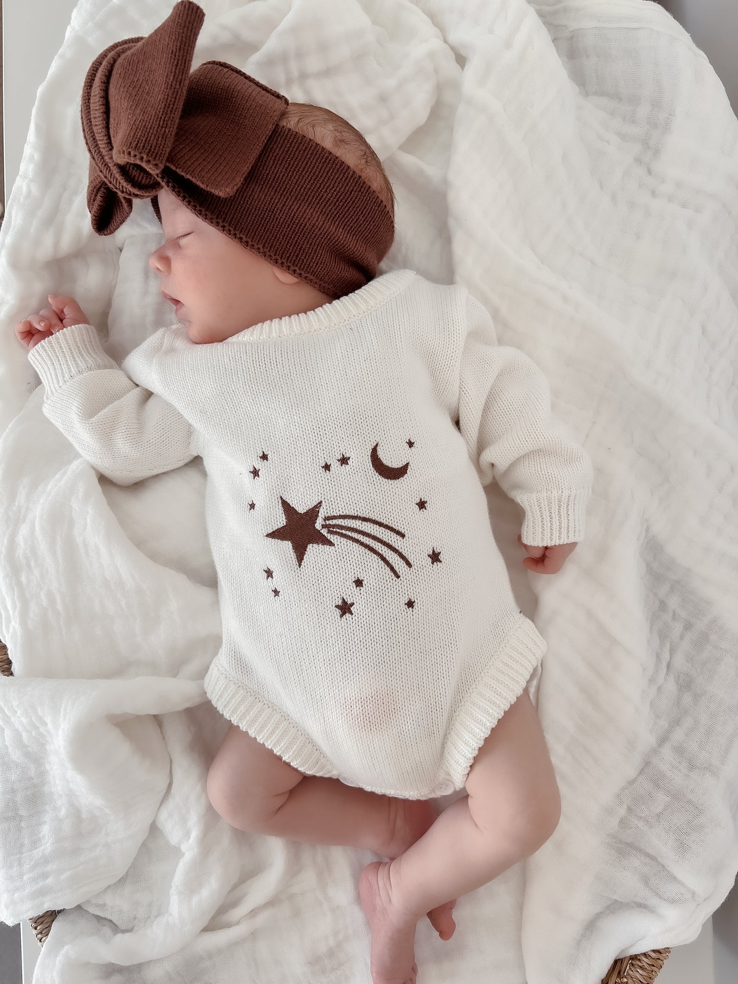 Shooting Star Knit Romper - Espresso Embroidery