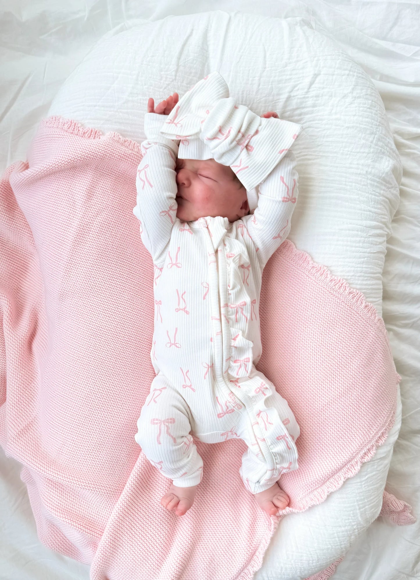 Frill Zip Romper - Pink Bows Rib