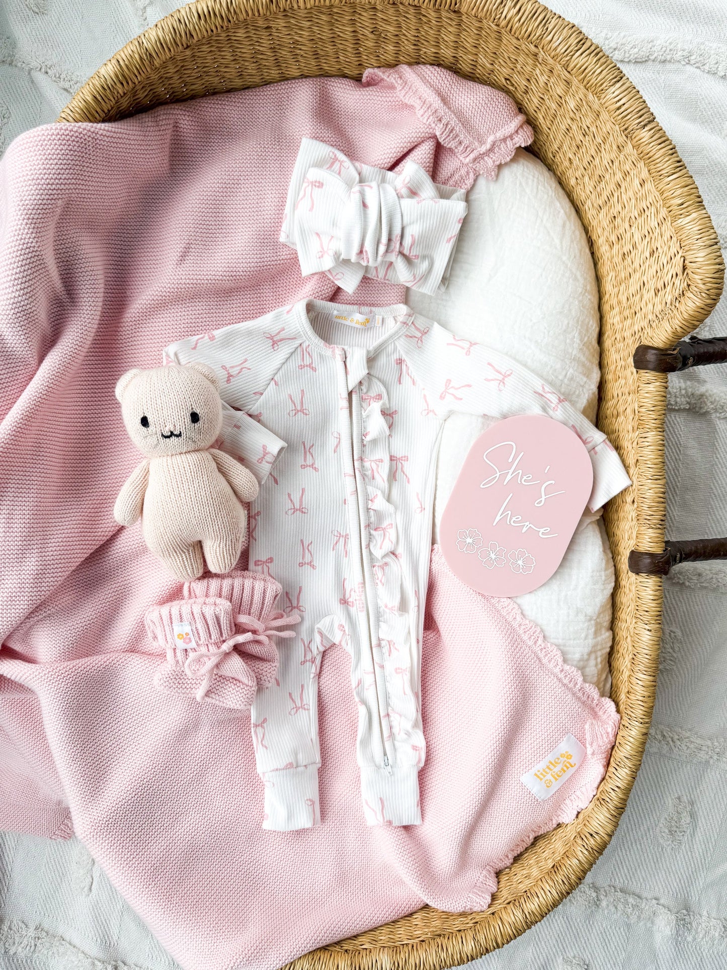 Frill Zip Romper - Pink Bows Rib
