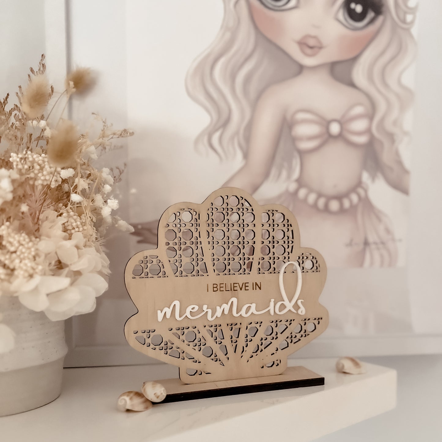 Wooden Rattan Look Mermaid Sign