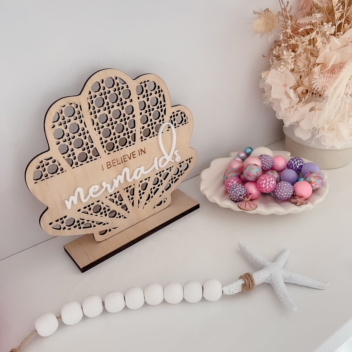 Wooden Rattan Look Mermaid Sign