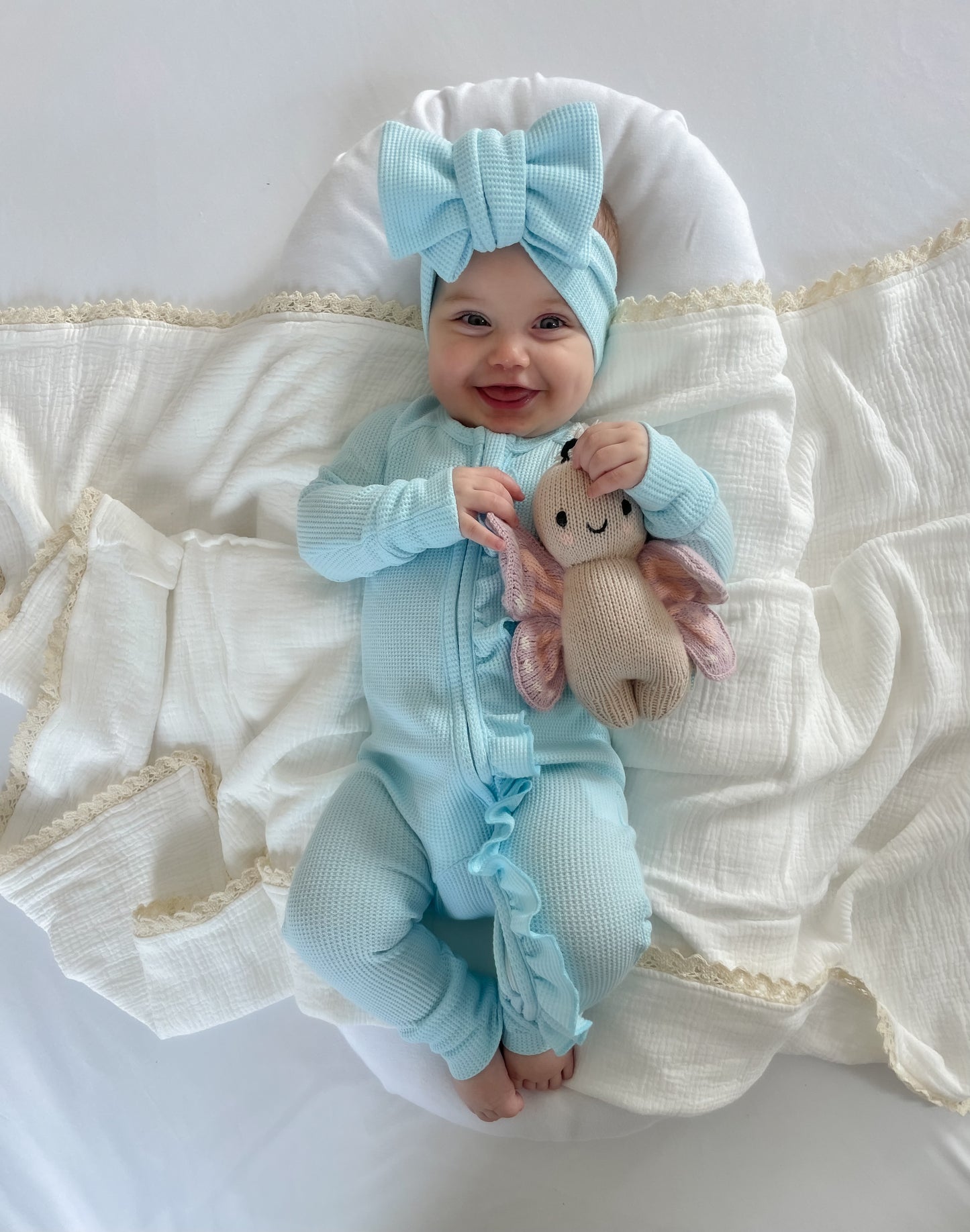 Frill Zip Romper - Baby Blue Waffle