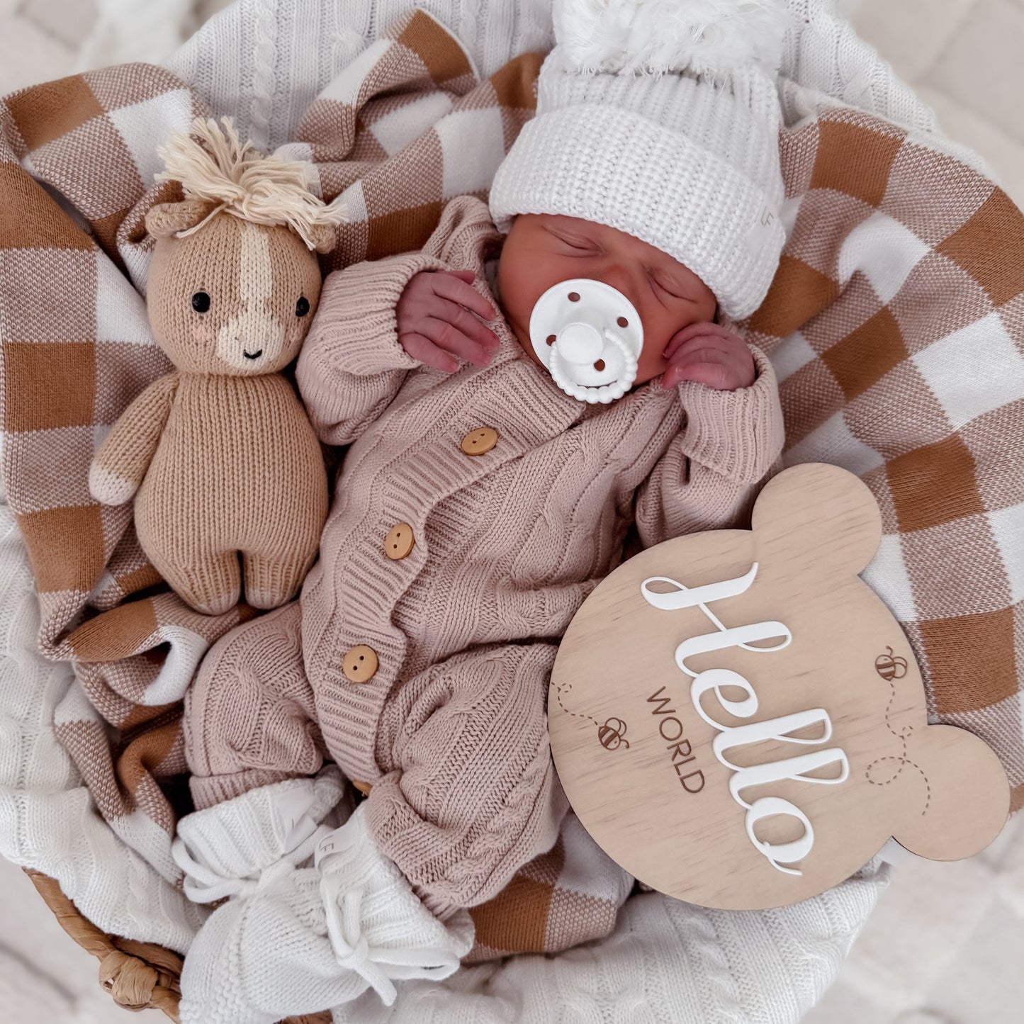 Newborn baby in a cozy setting with a teddy bear and 'Hello World' sign.